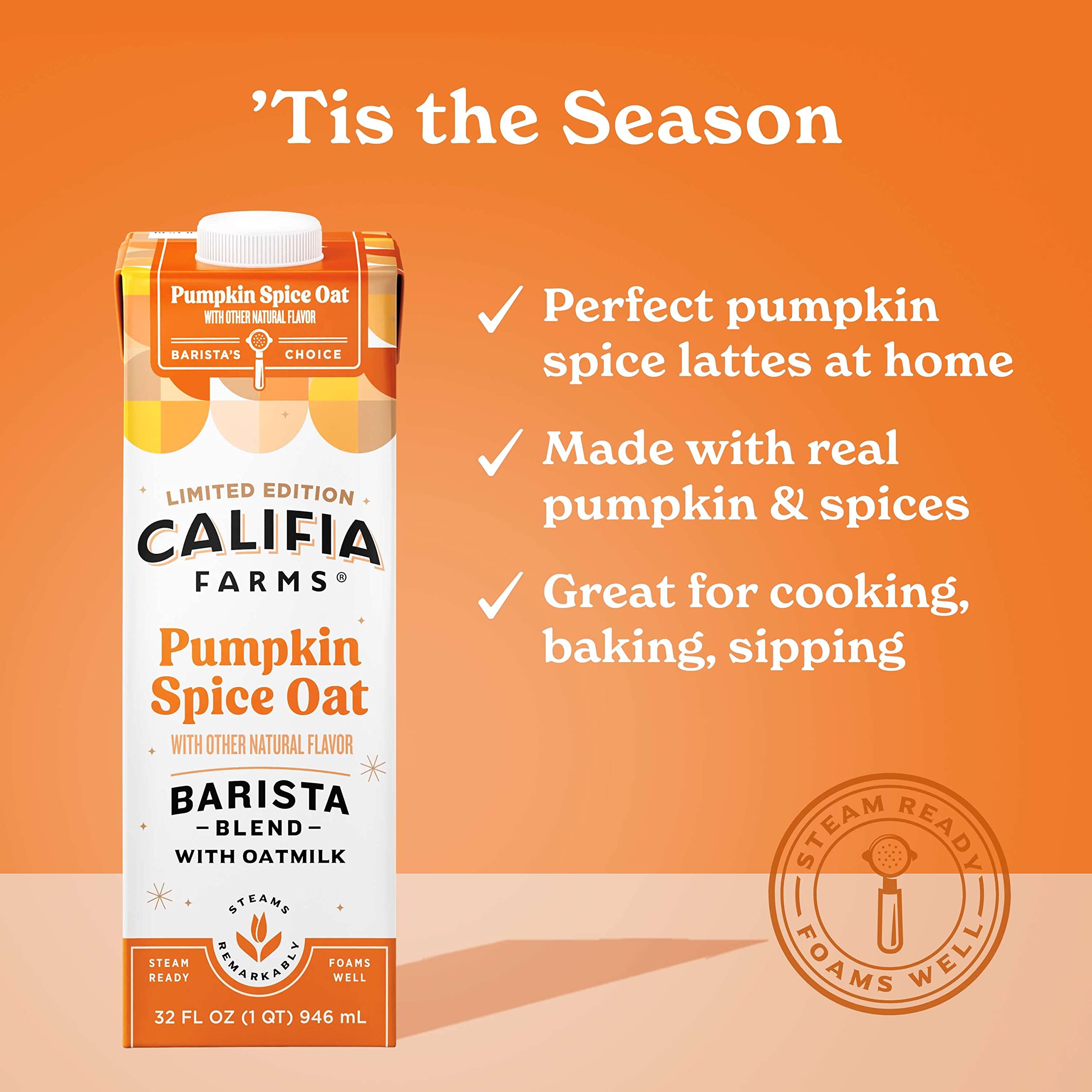 Califia Farms Pumpkin Spice Oat Barista Blend Oat Milk - 32 Oz (Pack of 6) | Shelf Stable, Dairy-Free, Vegan, Gluten-Free, Non-GMO Plant Based Milk | High Calcium Oatmilk for Coffee, Lattes & Baking | Perfect Milk Frother & Creamer Alternative