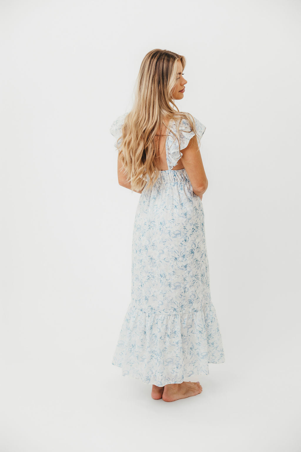 Alix Maxi Dress - White & Blue Floral Print Summer Dress for Women | Beach Wedding, Vacation & Casual Outfit