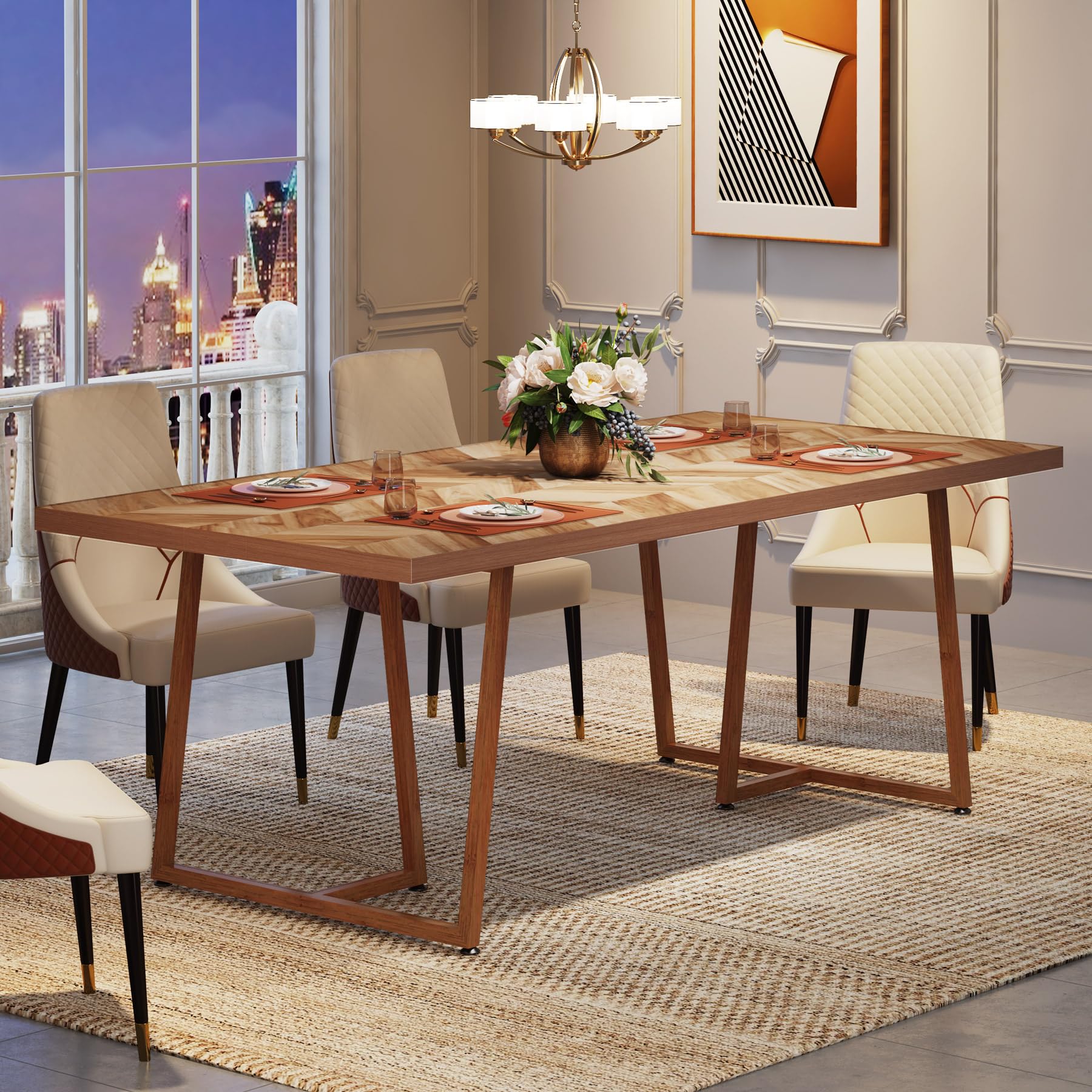 Tribesigns 70.9 Inch Solid Wood Farmhouse Dining Table for 6-8 People - Heavy Duty Rectangular Kitchen Table with Industrial Metal Legs - Walnut Finish Dining Room & Living Room Furniture - Ideal for Family Dinners, Entertaining Guests, Home Decor, and Small Space Dining Areas
