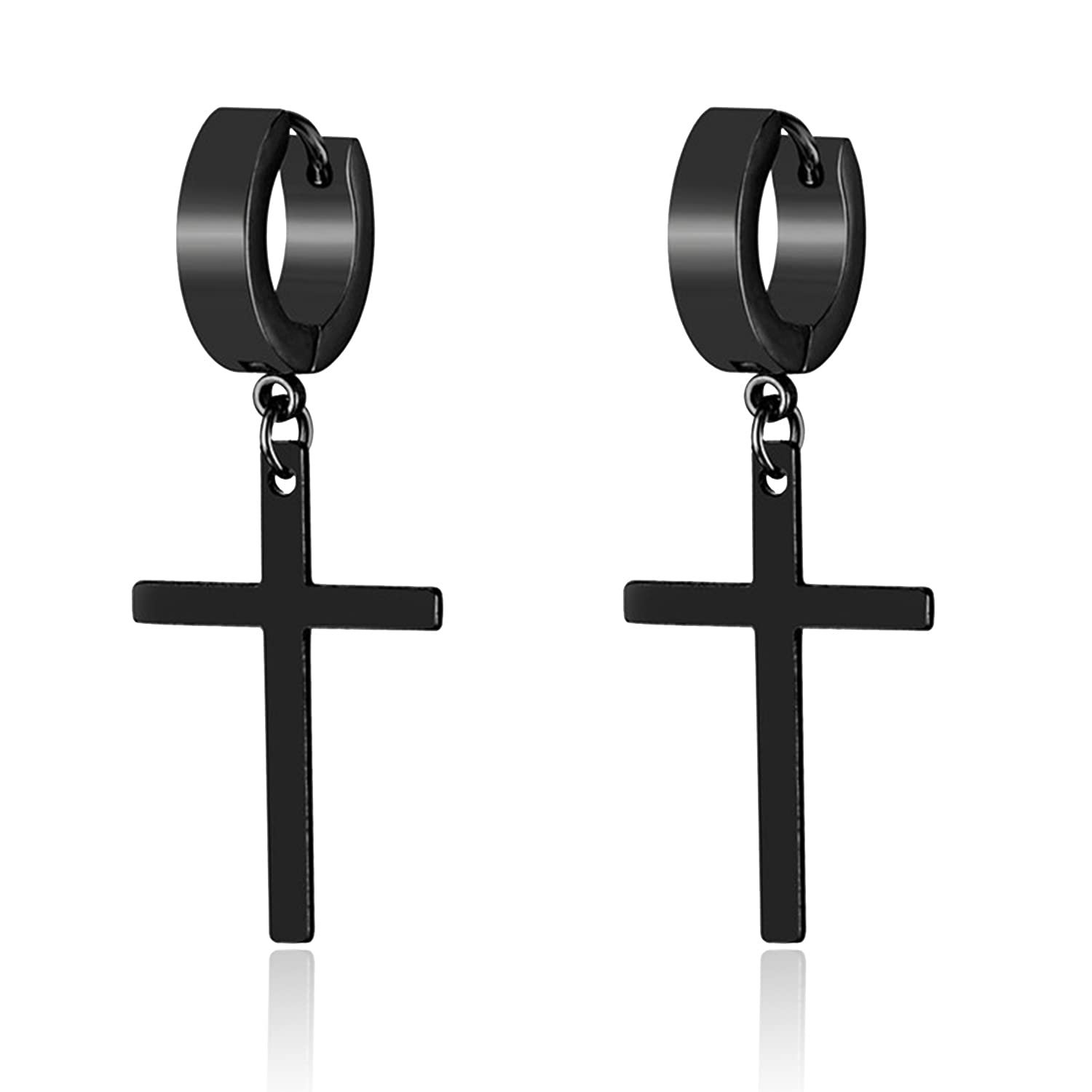 Hypoallergenic Stainless Steel Gothic Cross Drop Earrings for Men & Women - Punk Style Dangle Hoop Huggie Earrings in Silver & Black | Perfect for Parties, Concerts & Gothic Fashion