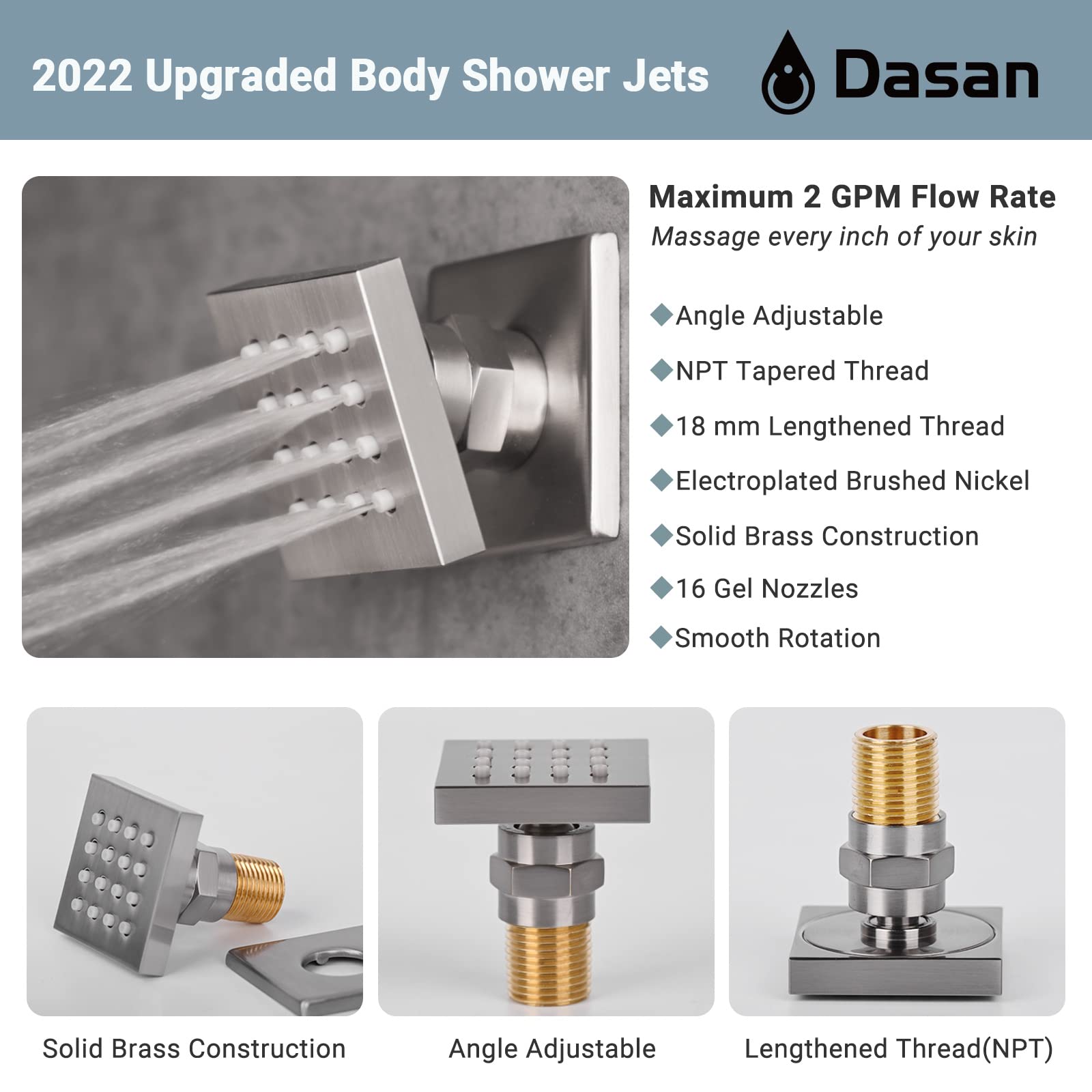Premium DASAN Full Body Shower System - 6 Body Spray Jets, 12'' Rain Shower Head & Handheld Shower - Brushed Nickel Ceiling Mount Shower Faucet Set with Valve (SA-SS03ABN-S12C) - Perfect for Spa-Like Luxury Bathroom Experience