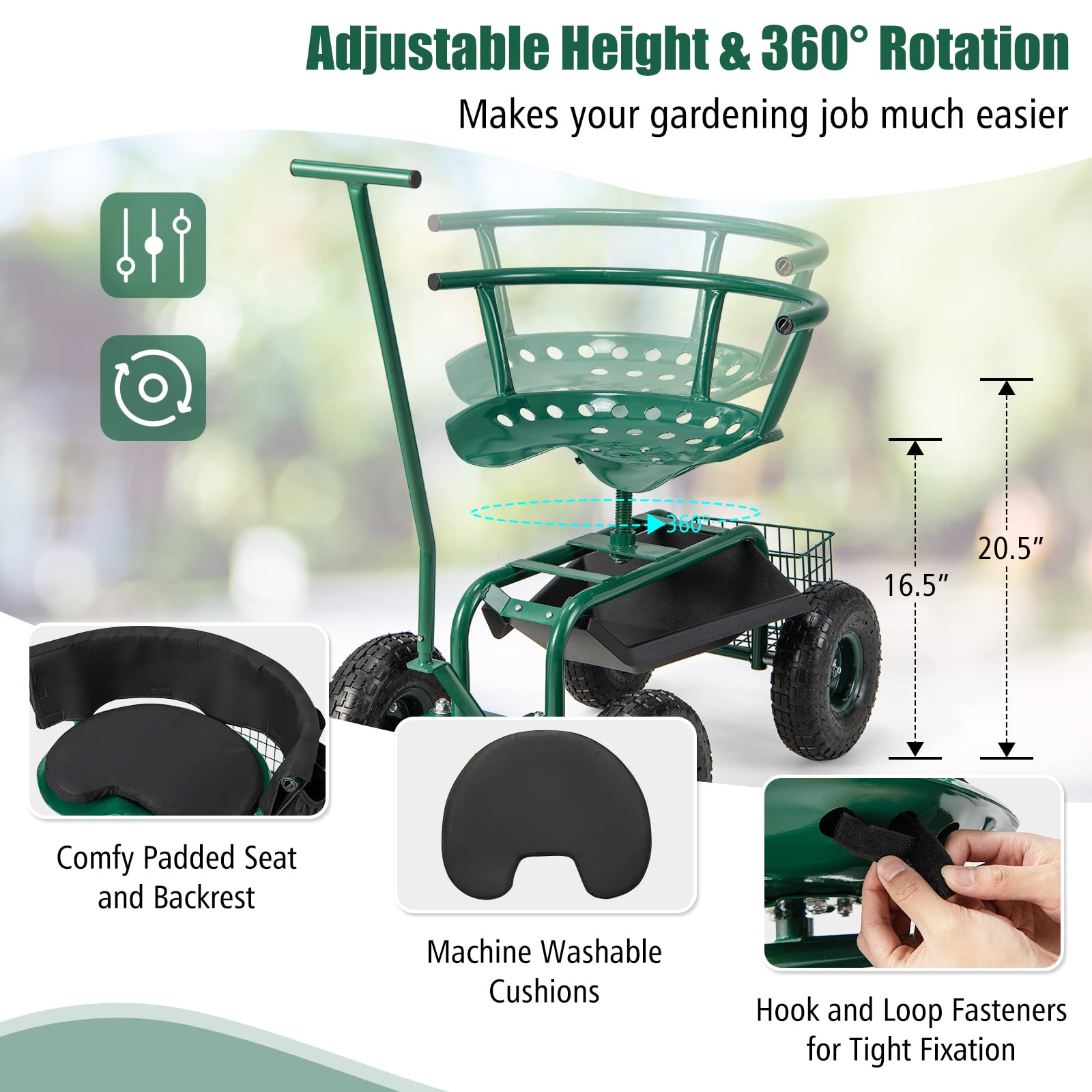 Goplus Rolling Garden Seat with Wheels - 360° Swivel Outdoor Gardening Cart with Tool Storage & 2 Steering Handles - Foldable Gardening Stool Wagon Scooter for Lawn, Patio & Yard Work - Perfect for Seniors & Elderly Gardeners (Ideal for Planting, Weeding & Landscaping)
