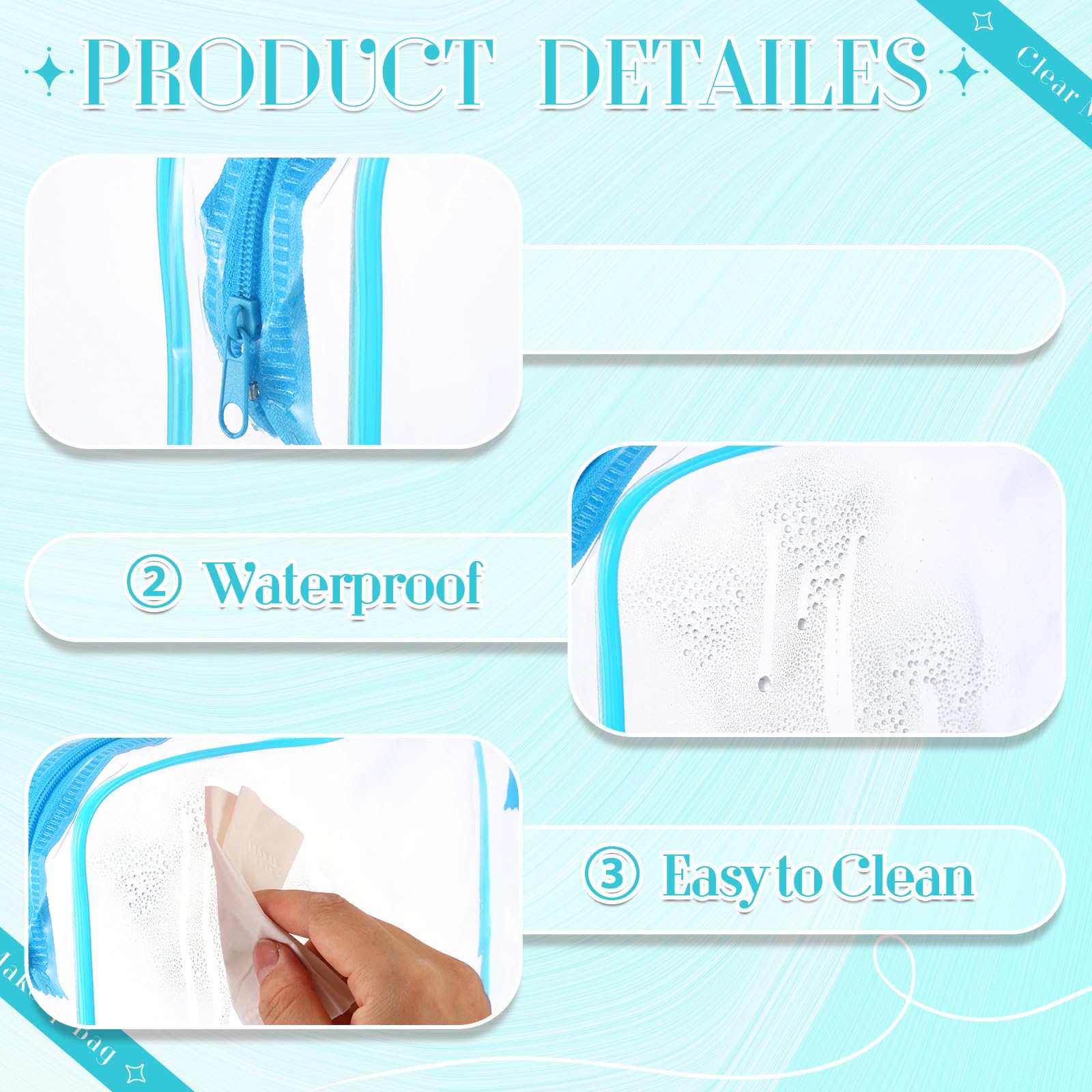 6 Pcs Clear PVC Waterproof Makeup Travel Bags with Zipper - Small Blue Cosmetic Organizer for Women & Men - Perfect for Airport Security, Gym, Toiletry & Daily Essentials Storage