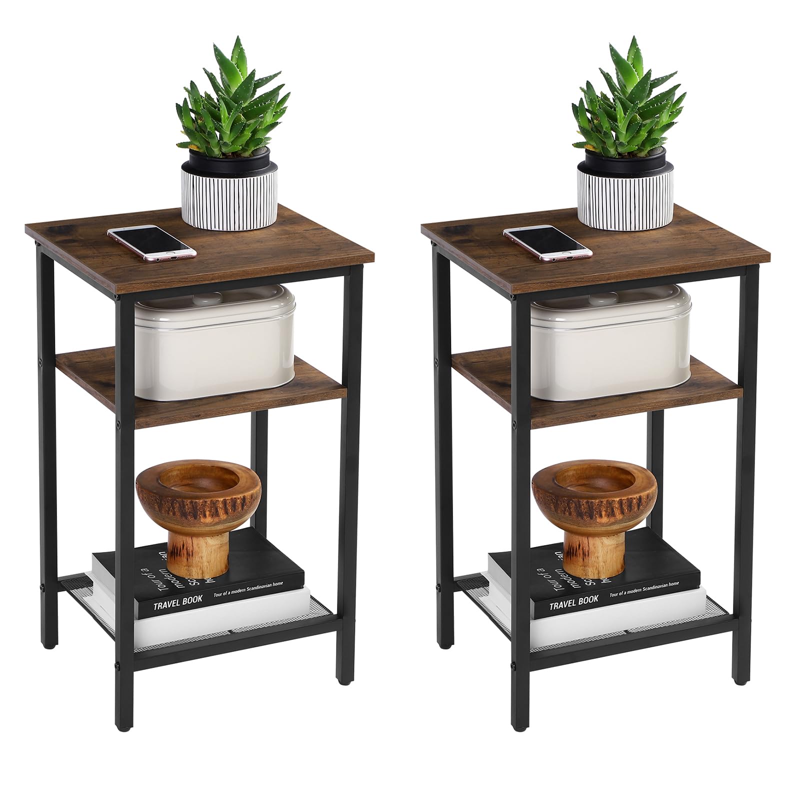 VASAGLE 2-Pack 3-Tier End Tables with Steel Frame - Nightstands & Side Tables for Living Room & Bedroom - Easy Assembly Small Space Furniture in Chestnut Brown - Perfect for Apartment, Dorm, or Office Use