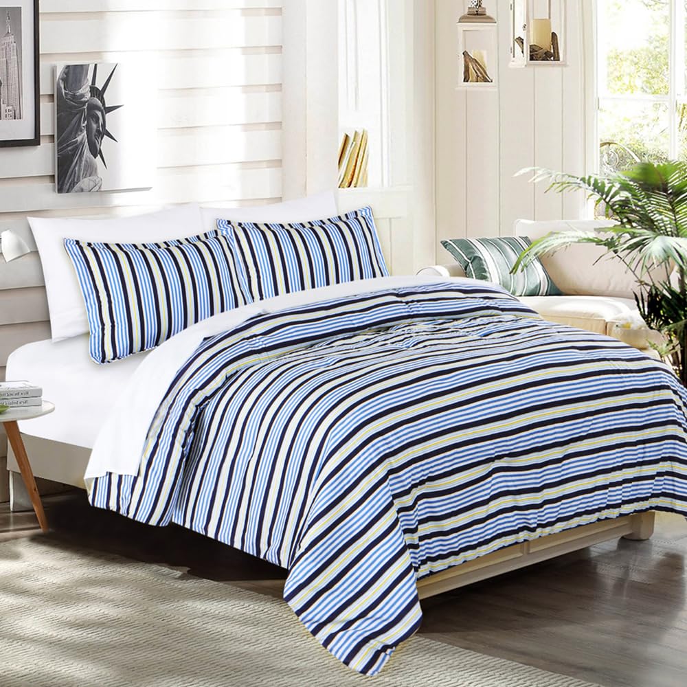 EMME 5-Piece Bed-in-A-Bag Comforter Set - Blue Stripe Brushed Microfiber Bedding with Sheets | Soft Down Alternative Comforter for Twin/Twin XL | Perfect for Kids' Rooms, Guest Bedrooms & Dorm Essentials