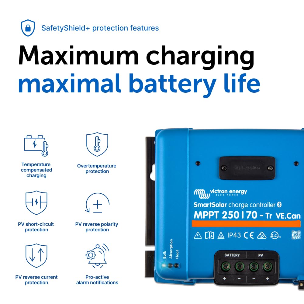 Victron Energy SmartSolar MPPT 250V 70A Solar Charge Controller with Bluetooth - 12/24/36/48V Regulator for RV, Boat, Off-Grid & Home Solar Panel Systems