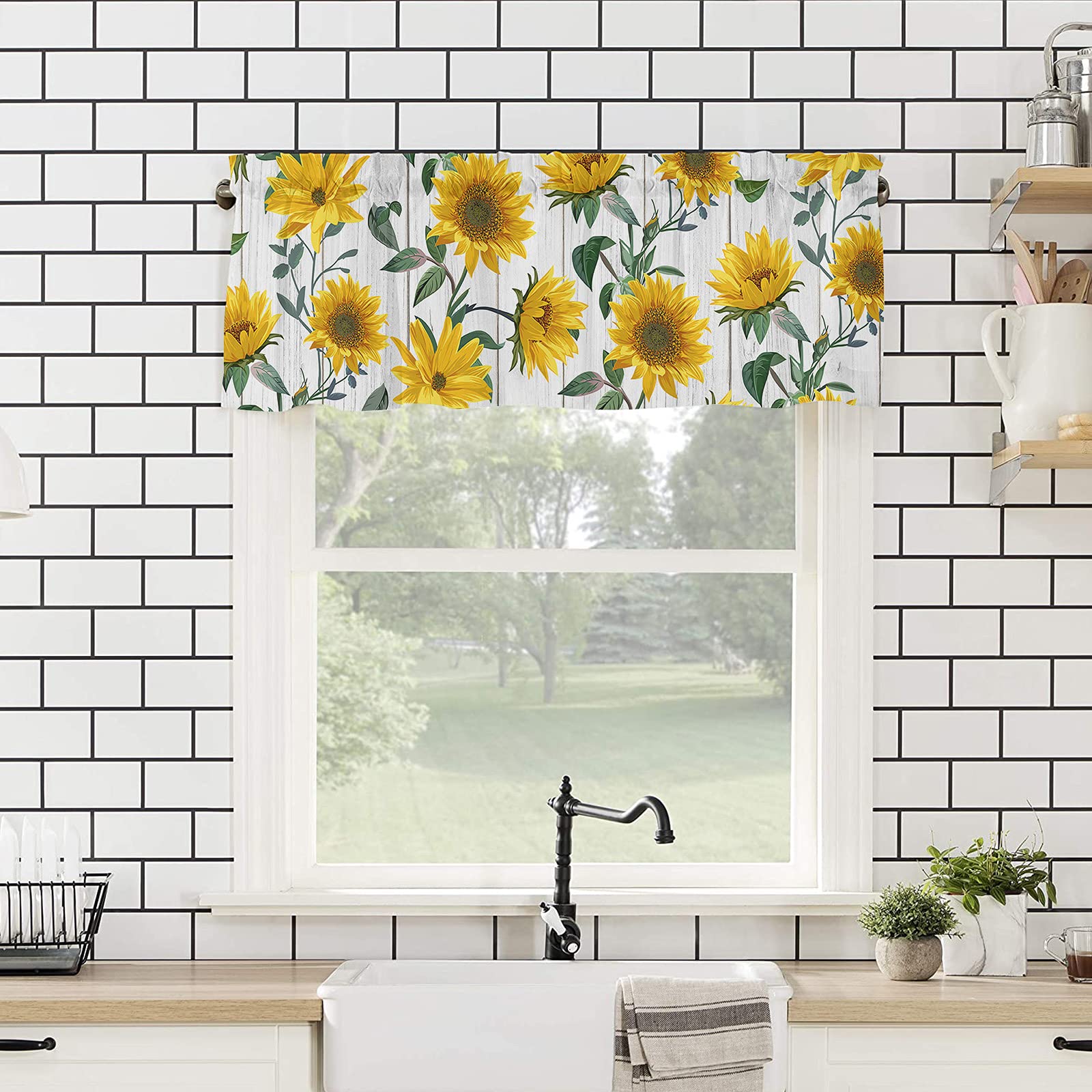 Sunflower Valance Curtains - Yellow Floral Rod Pocket Window Valance for Living Room, Bedroom, Bathroom & Kitchen - 54x18 Inches Black Panel - Perfect for Small Windows, Home Decor & Window Treatment