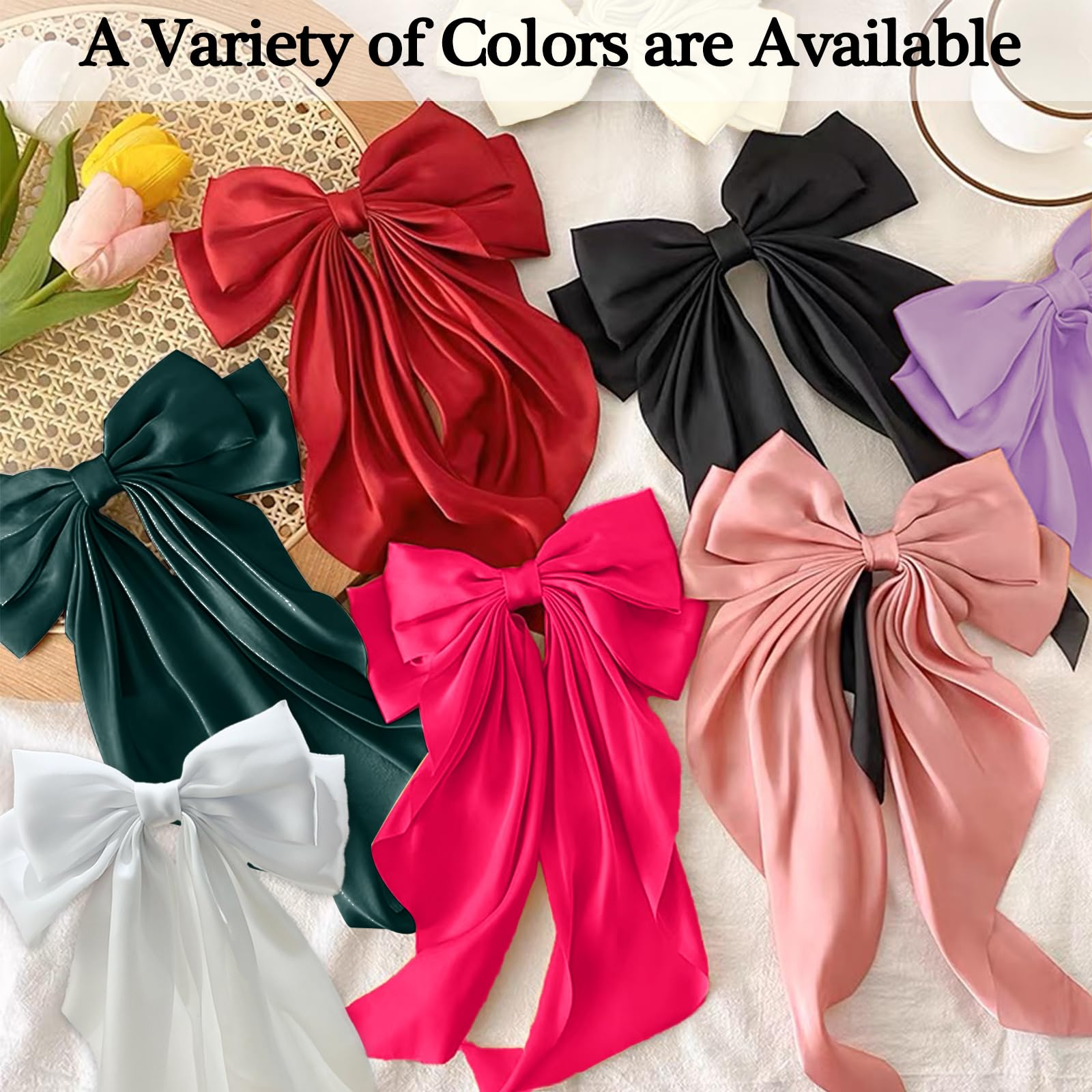 Elegant Oversized Satin Hair Bows for Girls & Women - Cute Long Ribboned Hair Clips Accessories (Pure White) | Perfect for Parties, Weddings & Daily Fashion