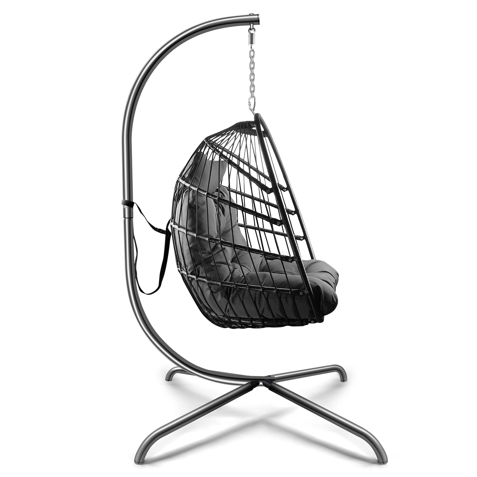 Indoor Outdoor Hanging Swing Egg Chair with Stand - Wicker Rattan Patio Basket Hammock Chair with Metal Frame, Cushion & Pillow - 350LBS Capacity - Perfect for Backyard, Garden, Balcony & Porch Relaxation