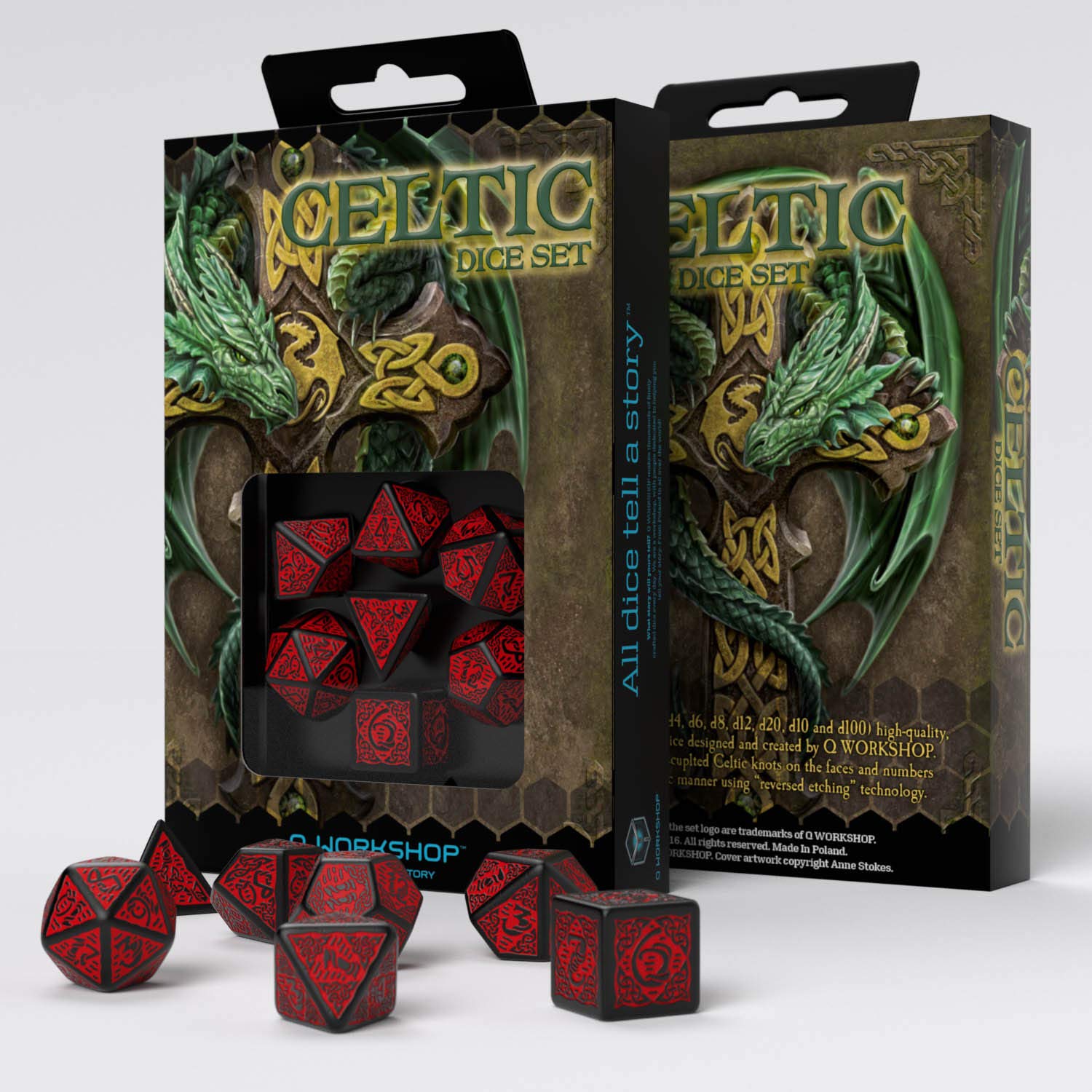 Q-Workshop Celtic Black & Red RPG Dice Set - 7-Piece Polyhedral D&D Dice for Tabletop Gaming, Dungeons & Dragons, Pathfinder & Board Games