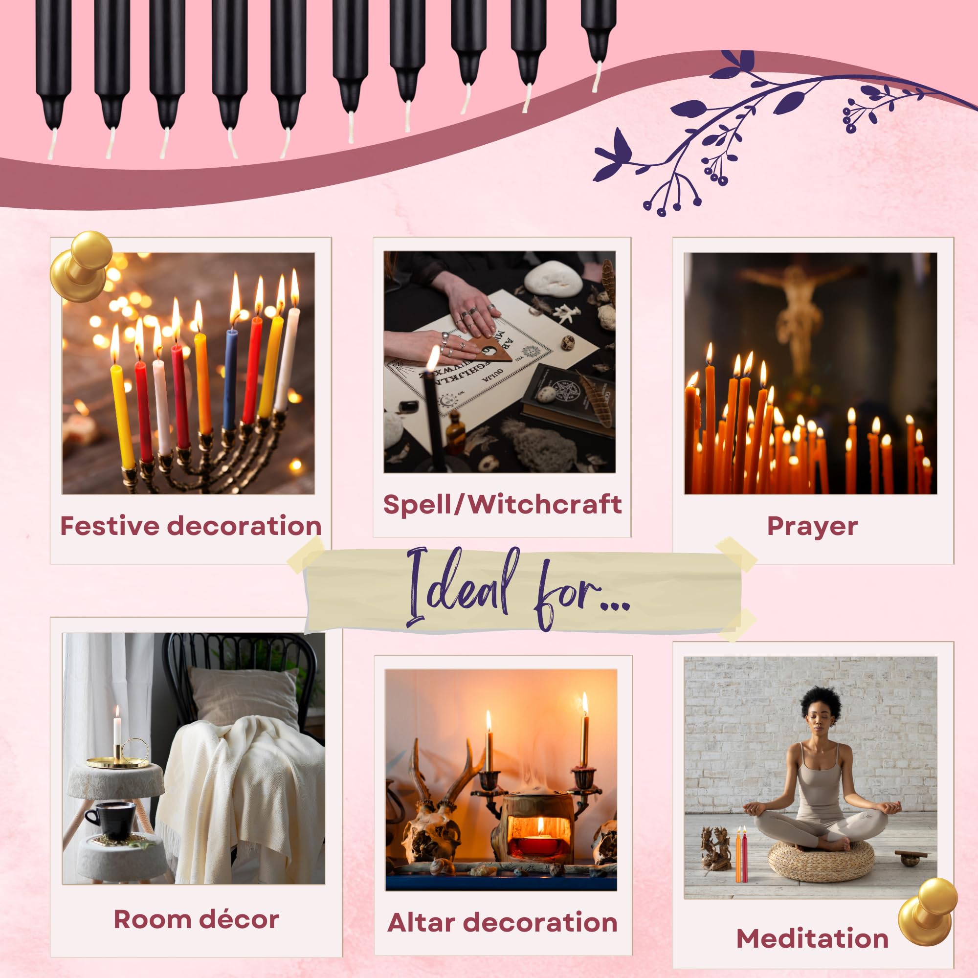Premium Black Taper Candles - Set of 20 Dripless Long-Lasting Candles for Halloween, Christmas, Holiday Decor, Wedding, Dinner Party & Spell Rituals | Elegant Flickering Flames for Romantic Ambiance & Themed Events