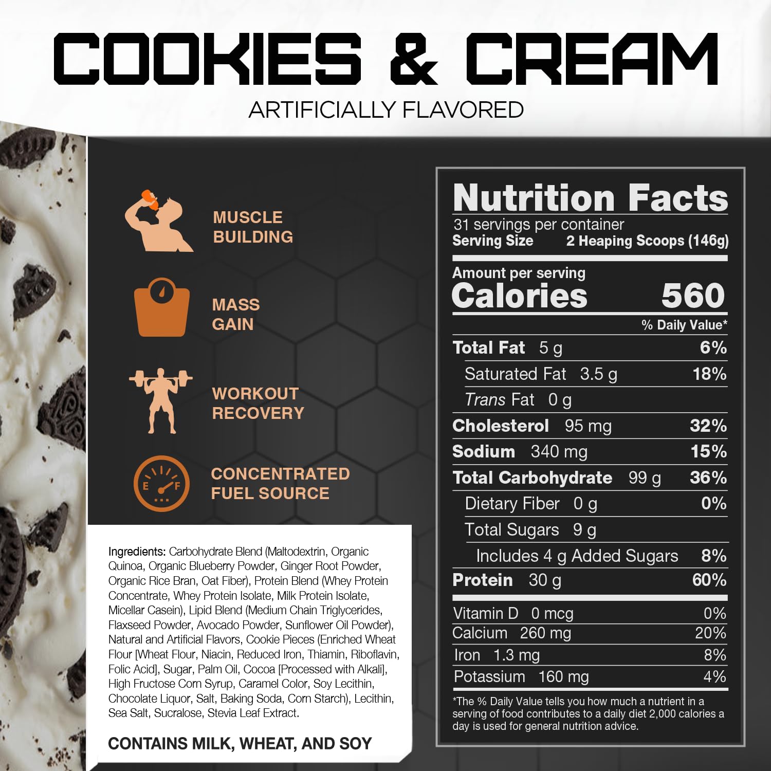 Rival Nutrition Clean Gainer Protein Powder - Cookies & Cream Flavor, 10lbs for Muscle Growth & Weight Gain - Perfect for Post-Workout Recovery & Fitness Enthusiasts