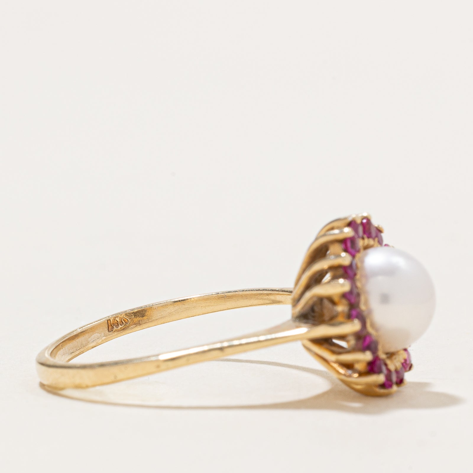Exquisite 0.48ctw Pearl & Synthetic Ruby Halo Ring - Size 7.5 - Elegant Bridal Jewelry & Anniversary Gift for Women