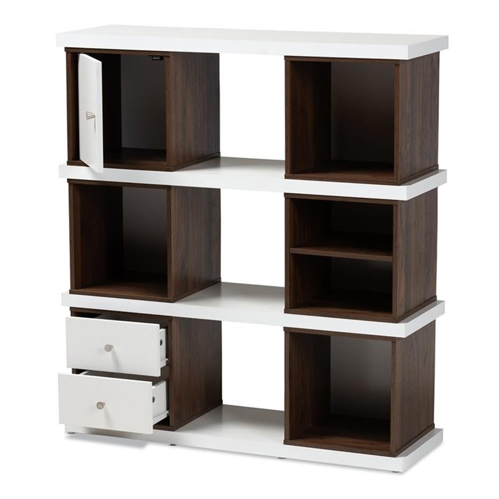 BOWERY HILL Modern Two-Tone White & Walnut 2-Drawer Bookcase - Stylish Storage for Home Office, Living Room & Bedroom