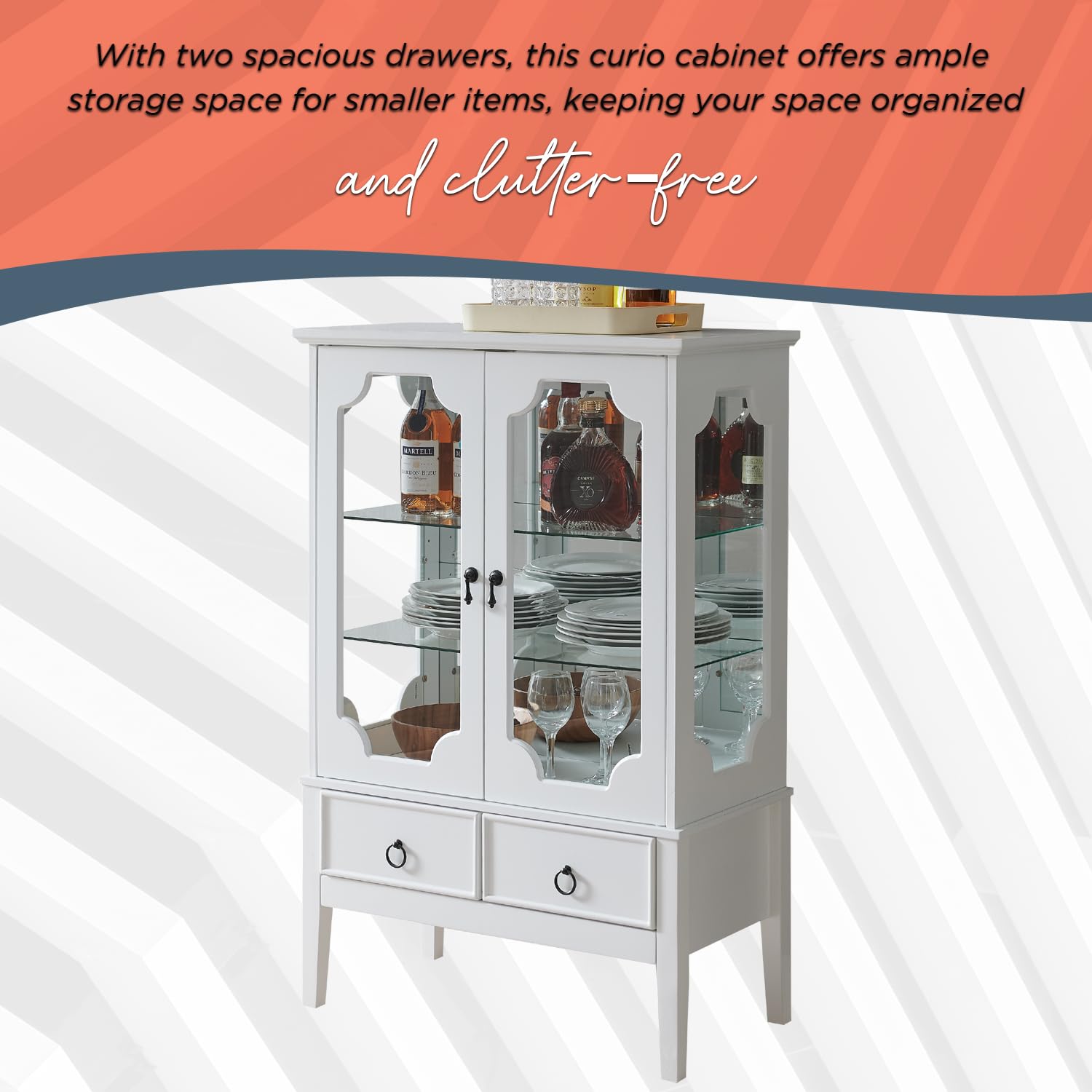 Kings Brand Furniture - White Curio Accent Storage Cabinet with Glass Shelves, Doors & Drawers - Sideboard Buffet Display Cabinet for Living Room, Dining Room & Kitchen - Perfect for Showcasing Collectibles, Storing China & Entertaining Guests