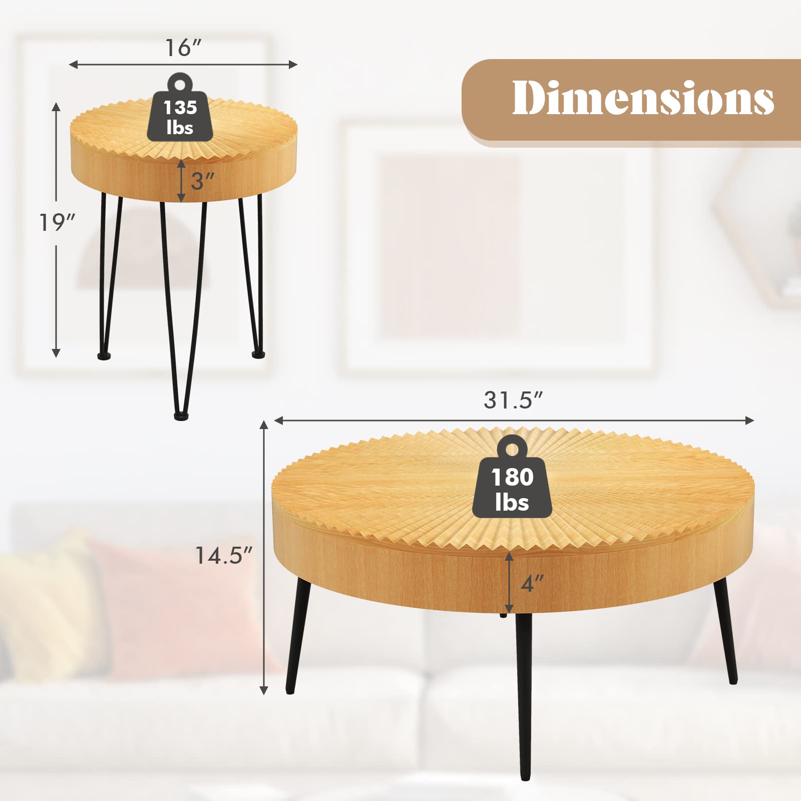Giantex Boho Round Coffee Table Set of 2 - Solid Pine Wood Top & Metal Legs with Adjustable Foot Pads - 31.5