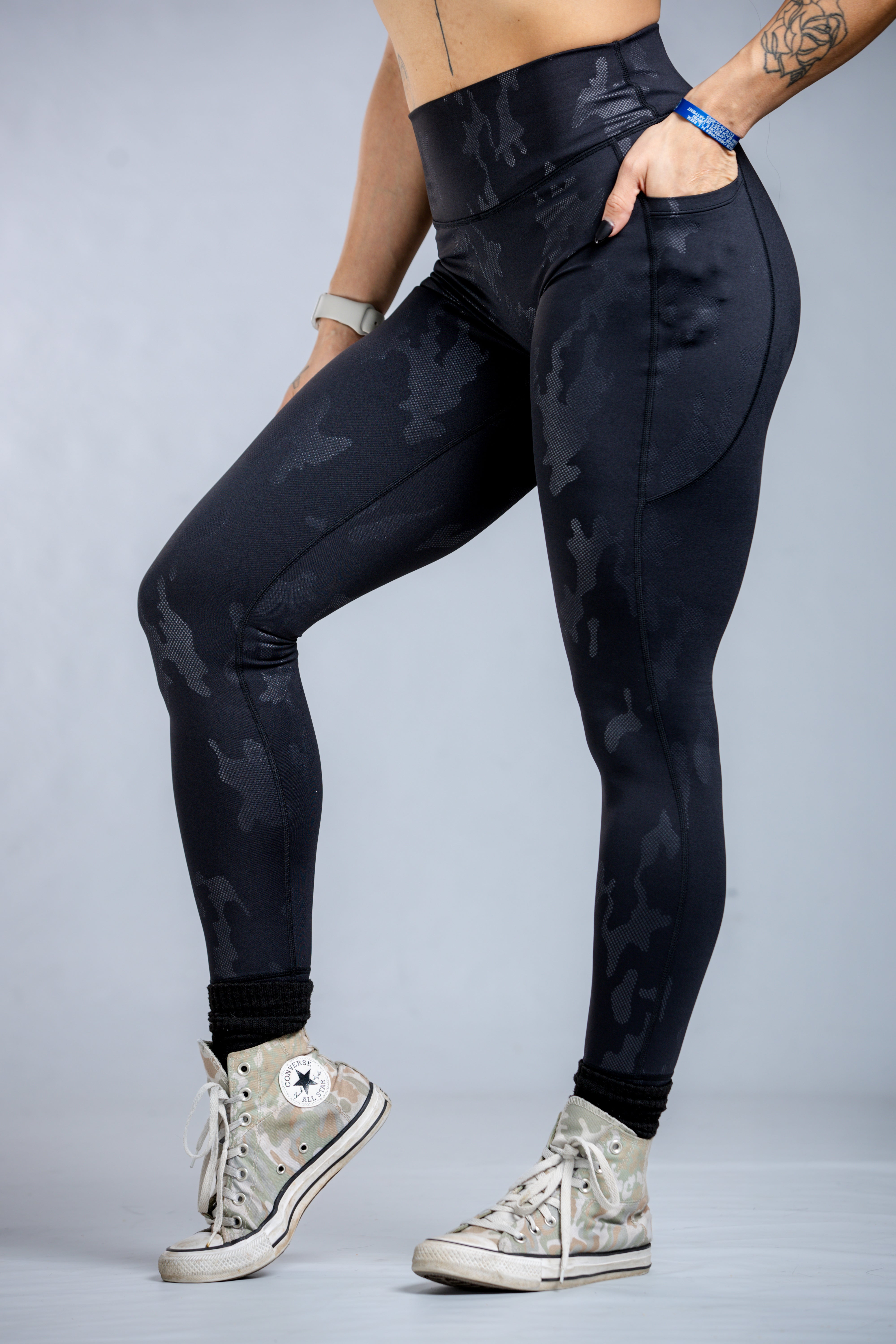 Empowered High-Waist Yoga Leggings with Pockets - Black Camo Print | Women's Workout Tights for Gym, Running & Lounge Wear