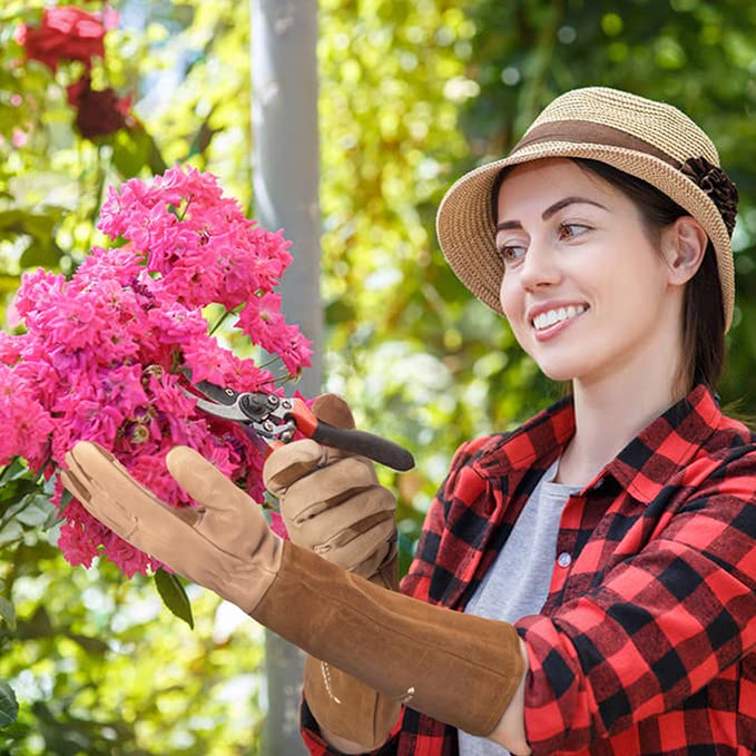 Rose Pruning Gloves Long Sleeve Thorn Proof - Durable Grain Pigskin Leather Gardening Gloves for Men & Women with Extended Gauntlet Protection | Perfect for Rose Bush Care, Landscaping, and Thorny Plant Handling