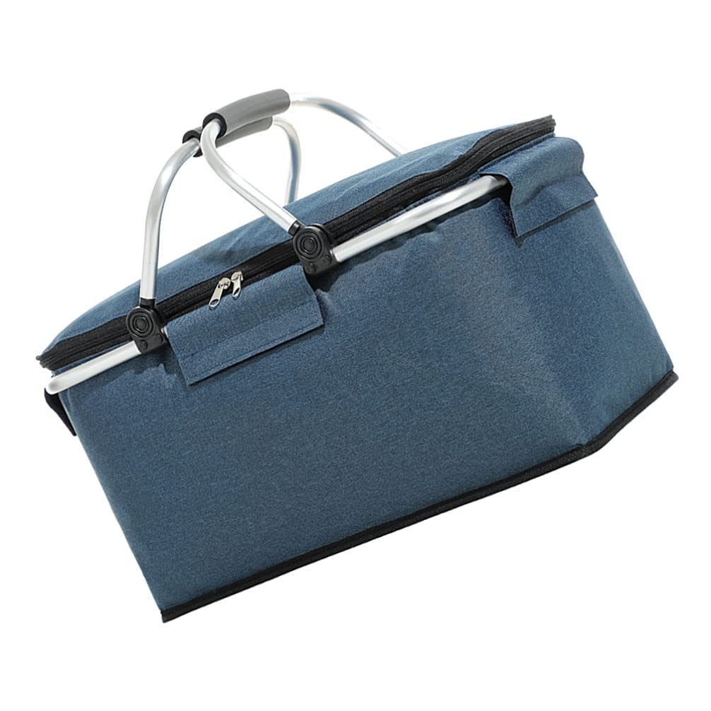 Angoily Insulated Folding Picnic Basket - Large Collapsible Cooler Bag with Lid & Handle for Outdoor, Travel, Camping & Grocery Shopping (Dark Blue, 42x23cm) - Perfect for Beach Picnics, Tailgating & Farmers Market Trips