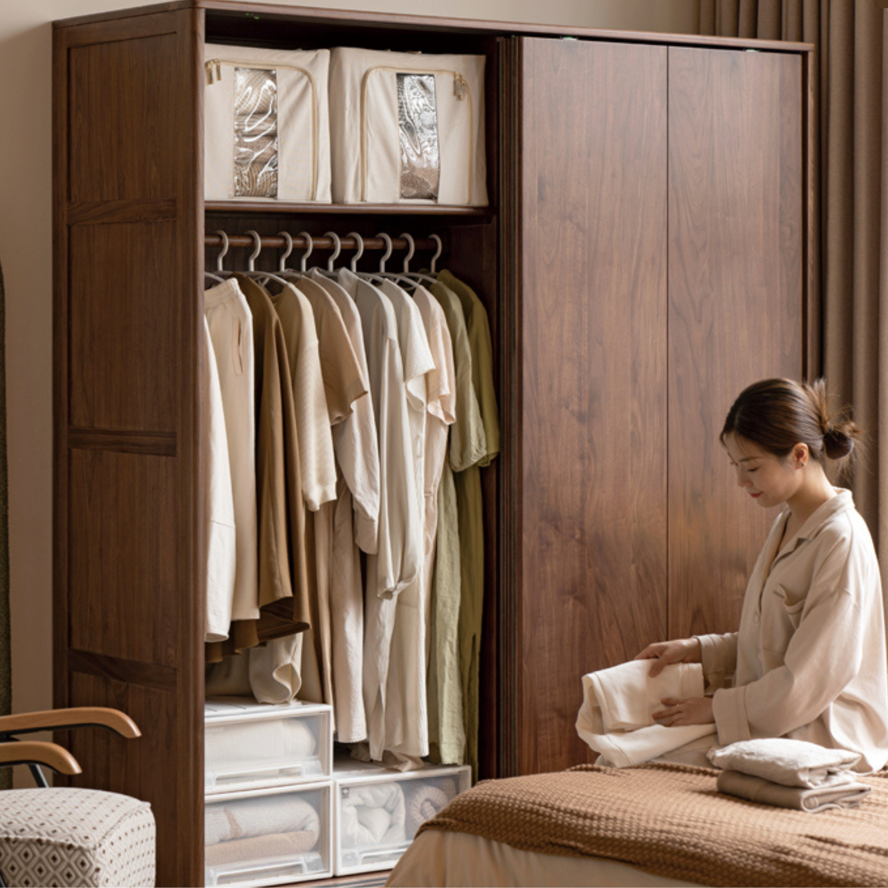 Premium Black Walnut Solid Wood Sliding Door Wardrobe Closet - Modern Bedroom Storage Solution for Home & Office Organization