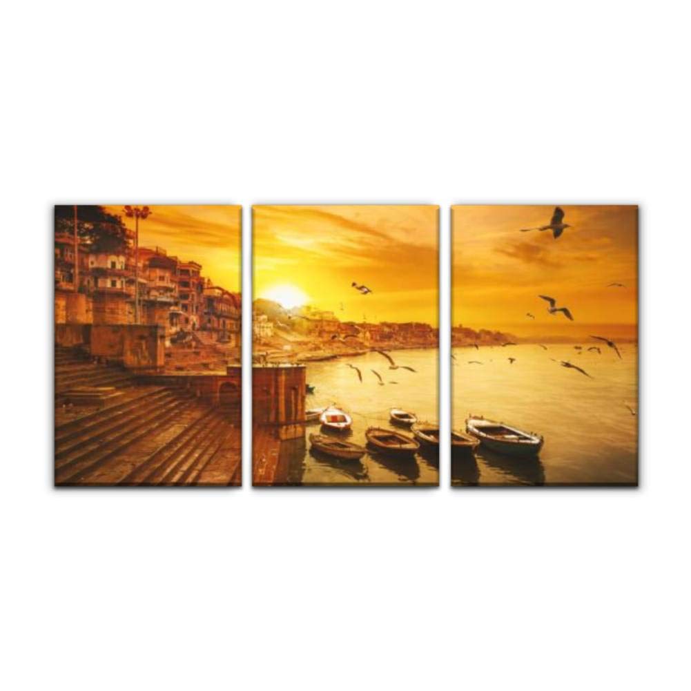 Modern Canvas Painting - Varanasi Ganges River Ghat with Ancient City Architecture Wall Art Decor | Printed Oil Painting Landscape for Home, Office & Bedroom | Framed Canvas Set (16