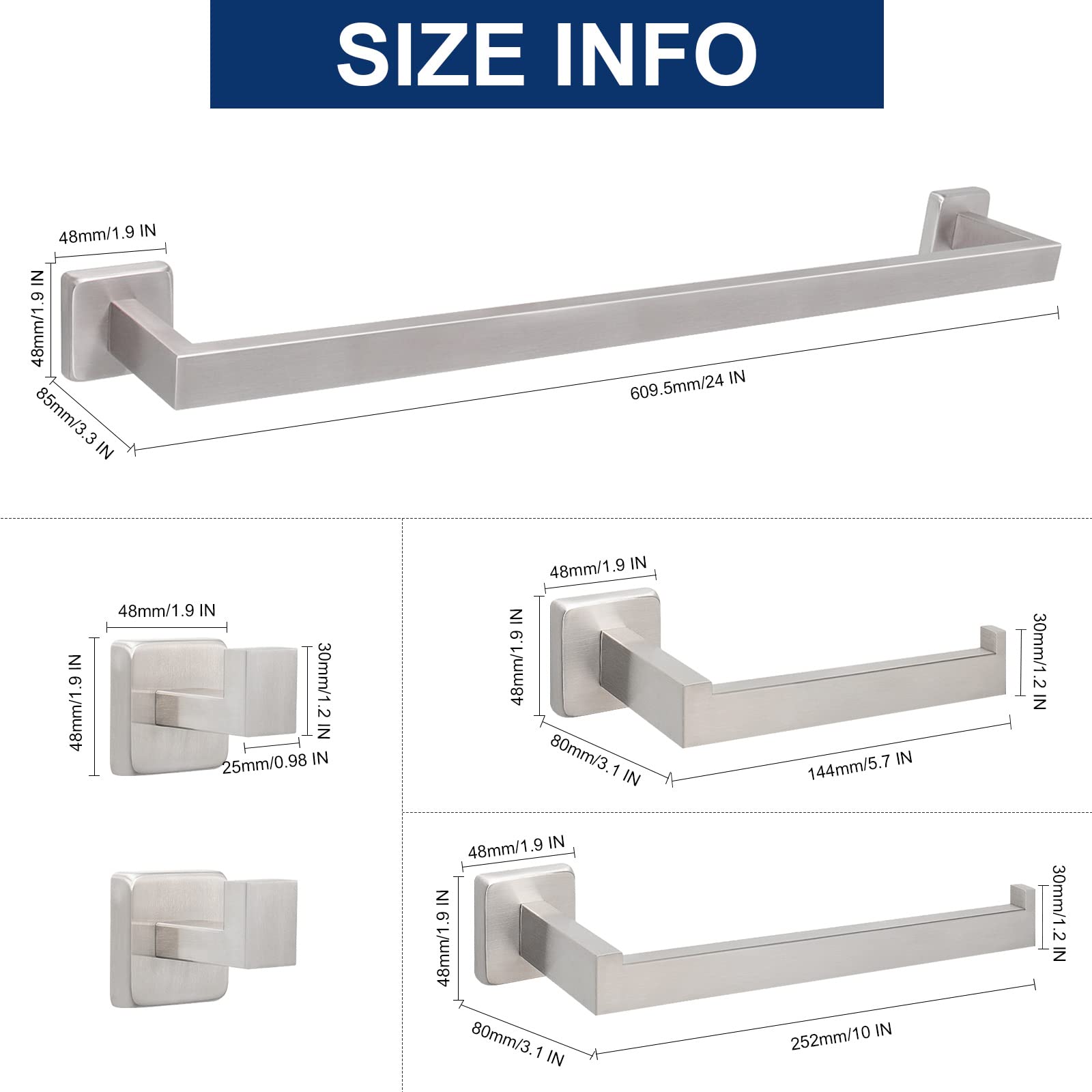 NearMoon 5-Piece Bathroom Hardware Set - 304 Stainless Steel Square Towel Rack Kit with 24