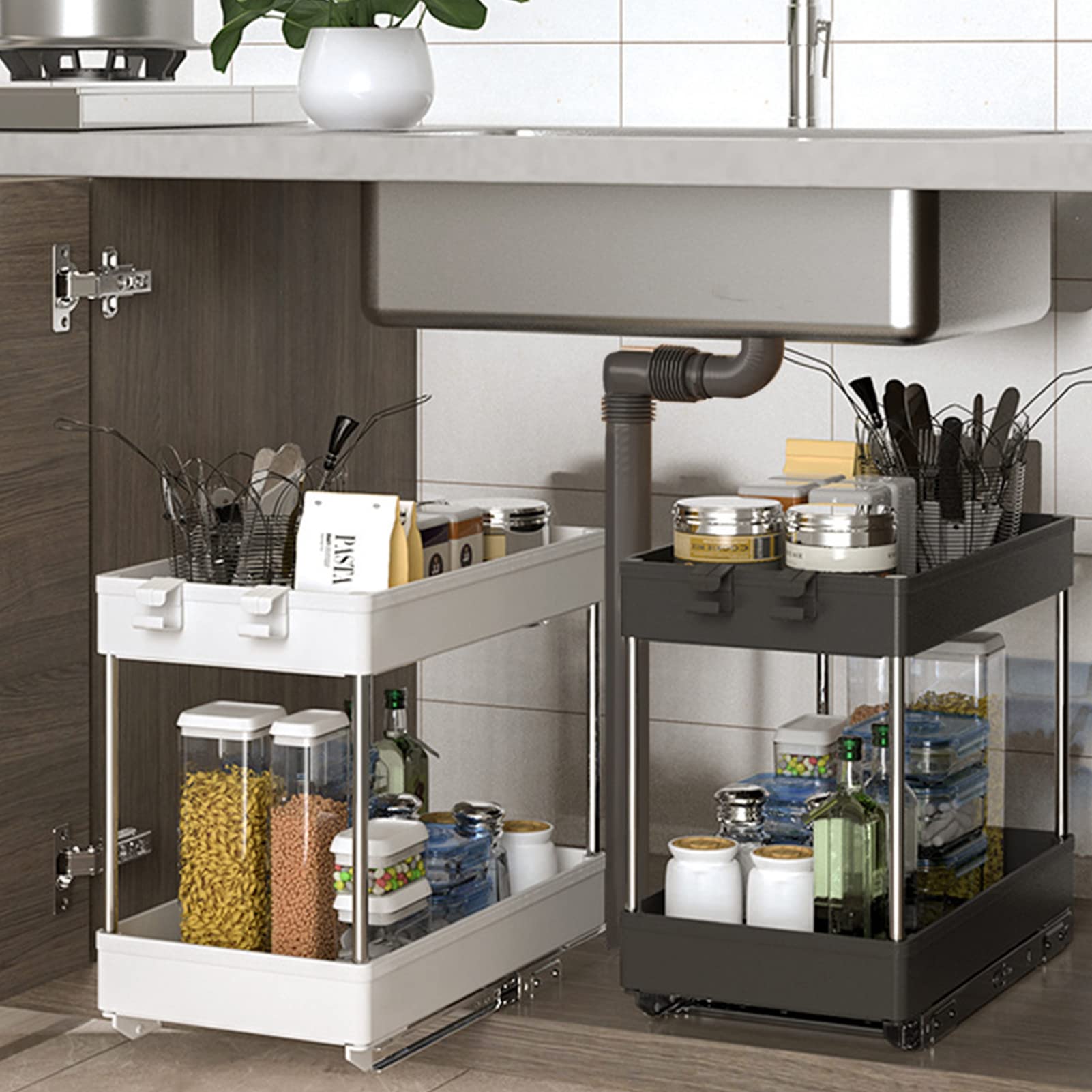 Sliding Rail Pull-Out Storage Organizer - Under Sink Cabinet Shelf with Hooks | 2-Tier Kitchen & Bathroom Storage Basket | Black Drain Rack for Countertop Organization (Includes Accessories) - Perfect for Small Space Organization & Clutter-Free Home