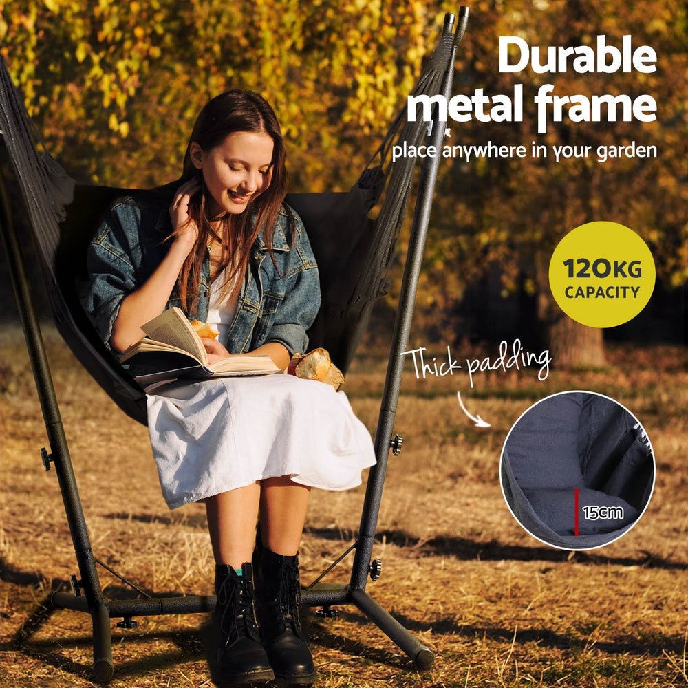 Comfortable Grey Hammock Chair with Stand for Outdoor Camping, Backyard Relaxation & Patio Lounging - Perfect for Garden, Balcony and Indoor Use