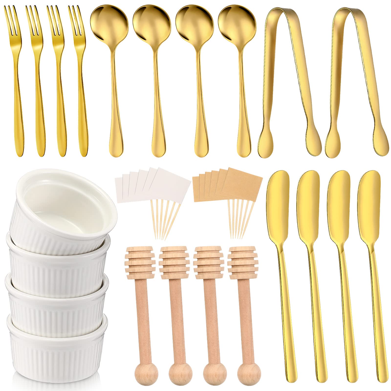 Premium Charcuterie Board Set - 18-Piece Cheese & Charcuterie Knives, Serving Tongs, Spoons, Forks with Honey Dipper & Toothpick Flags - Gold Stainless Steel Utensils for Cheese Platter, Charcuterie Party, Holiday Entertaining & Christmas Charcuterie Board