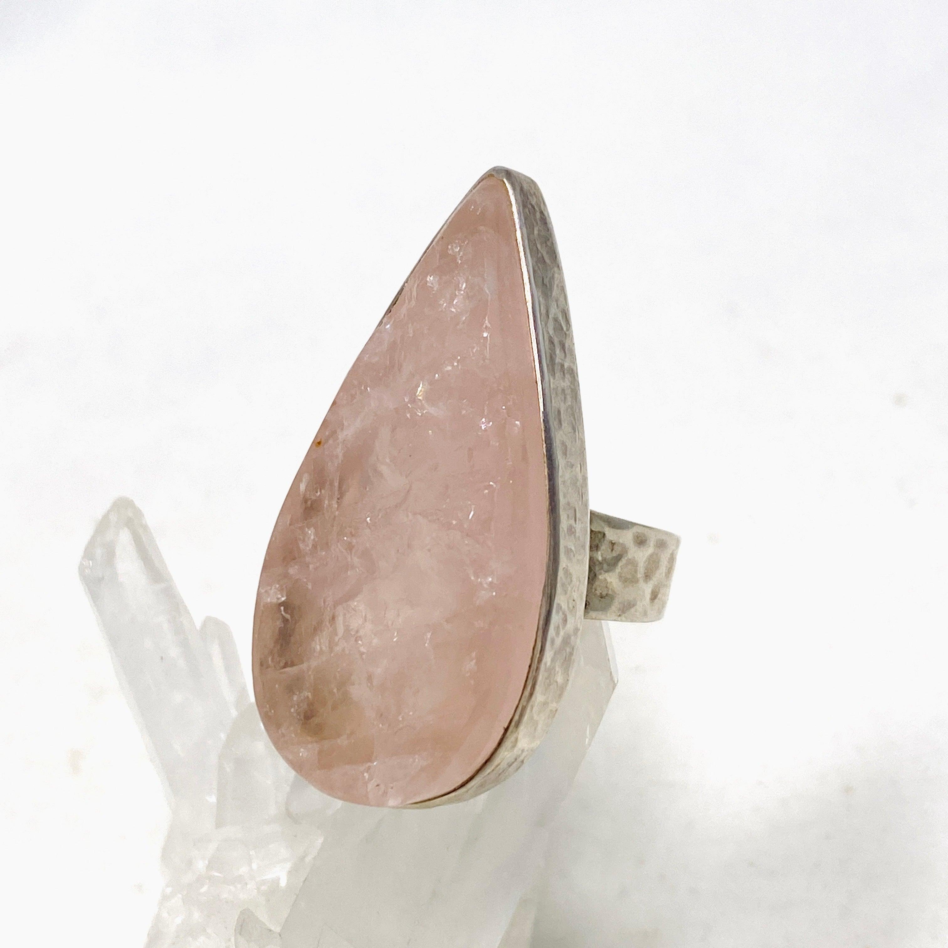 Natural Rose Quartz Teardrop Ring with Hammered Band - Size 10 - KRGJ1302 | Healing Crystal Jewelry for Meditation, Energy Work & Spiritual Gifts