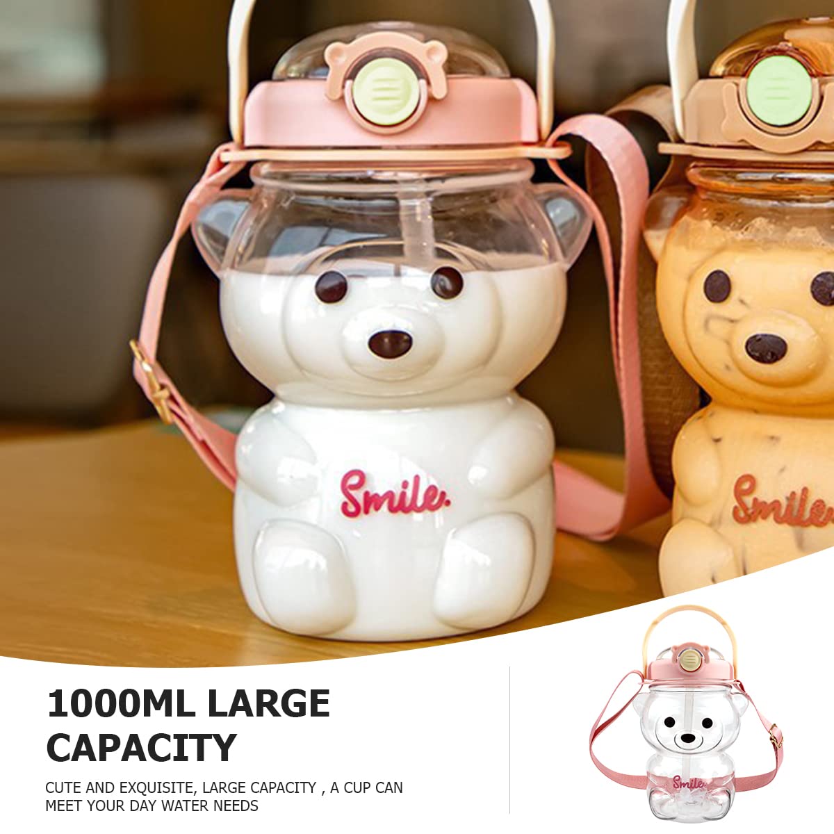 Cute Bear Water Bottle with Straw & Strap - 35oz for Sports, Travel & Camping