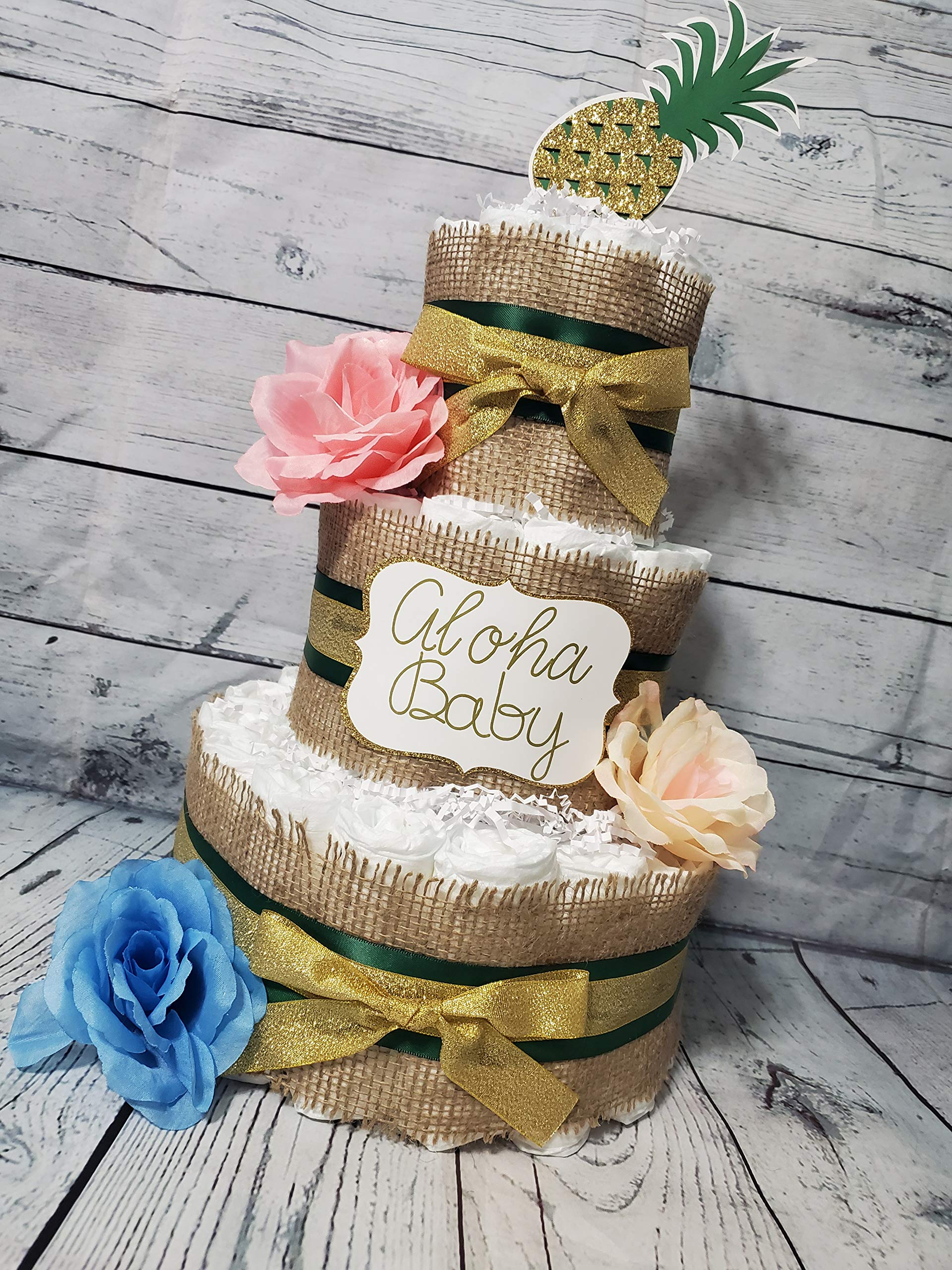 Hawaiian Pineapple Aloha Baby Theme Diaper Cake - 5-Piece 3-Tier Set for Baby Shower Gift in Green, Gold, Pink, Blue & Ivory - Perfect for Tropical-Themed Baby Showers, Gender Reveals & Nursery Decor