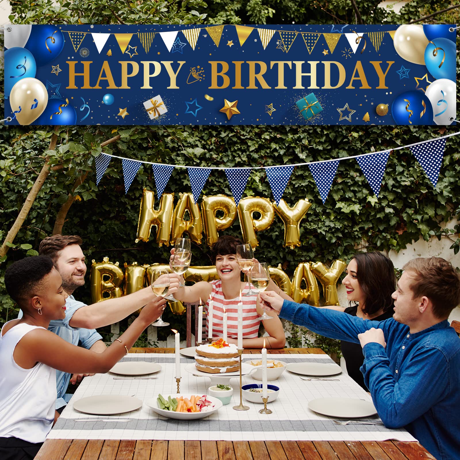 Happy Birthday Yard Banner - Large Outdoor & Indoor Party Decorations for Men & Women - Blue & Gold Backdrop - Perfect for Birthday Gifts, Celebrations, and Photo Booths