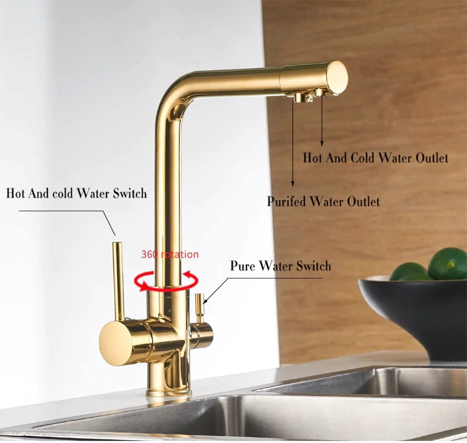 InArt Single Lever Kitchen Sink Mixer Faucet with RO Drinking Water Filter - Gold Finish | Modern Pull-Down Sprayer for Cooking & Dishwashing | Perfect for Home, Restaurant & Office Use