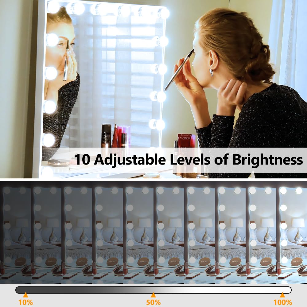 YGS-Tech 14 Bulb Dimmable Hollywood Style LED Vanity Mirror Lights - USB Powered Makeup Mirror Lighting with 3 Color Modes & 10 Brightness Levels - Perfect for Bedroom Dresser, Bathroom Vanity, and Professional Makeup Studio