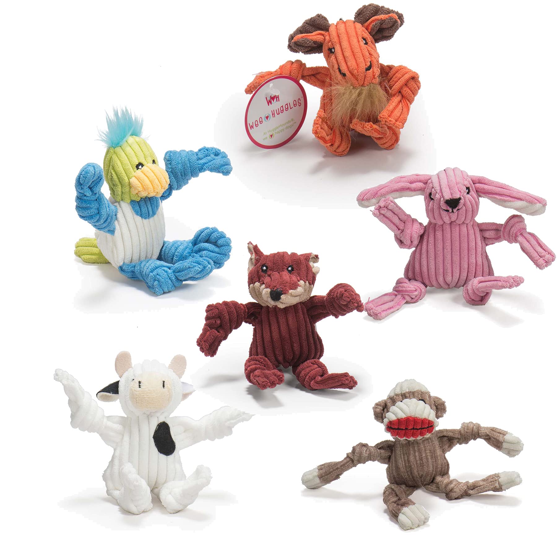 HuggleHounds Knottie Plush Dog Toy - Durable Squeaky Stuffed Animal Puppy Chew Toy for Small & Medium Dogs (6-Pack) - Perfect for Indoor Play, Teething Relief & Interactive Bonding Time