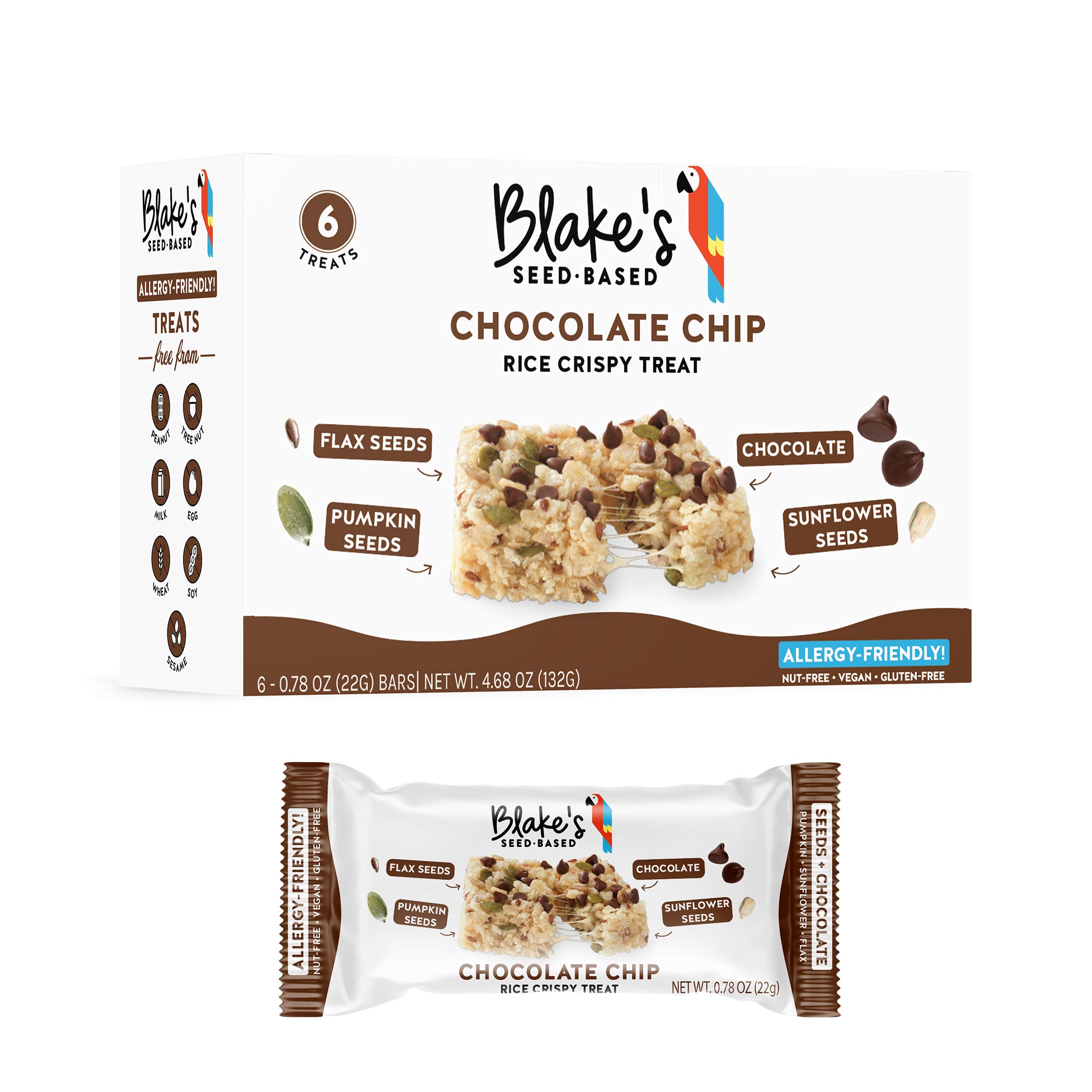 Blake’s Seed Based Rice Crispy Treats - Chocolate Chip (6 Count) | Nut Free, Gluten Free, Dairy Free & Vegan Healthy Snacks | Organic Low Calorie Soy Free Snack for Kids & Adults | Perfect for School Lunches, Office Snacking & On-the-Go Energy Boost