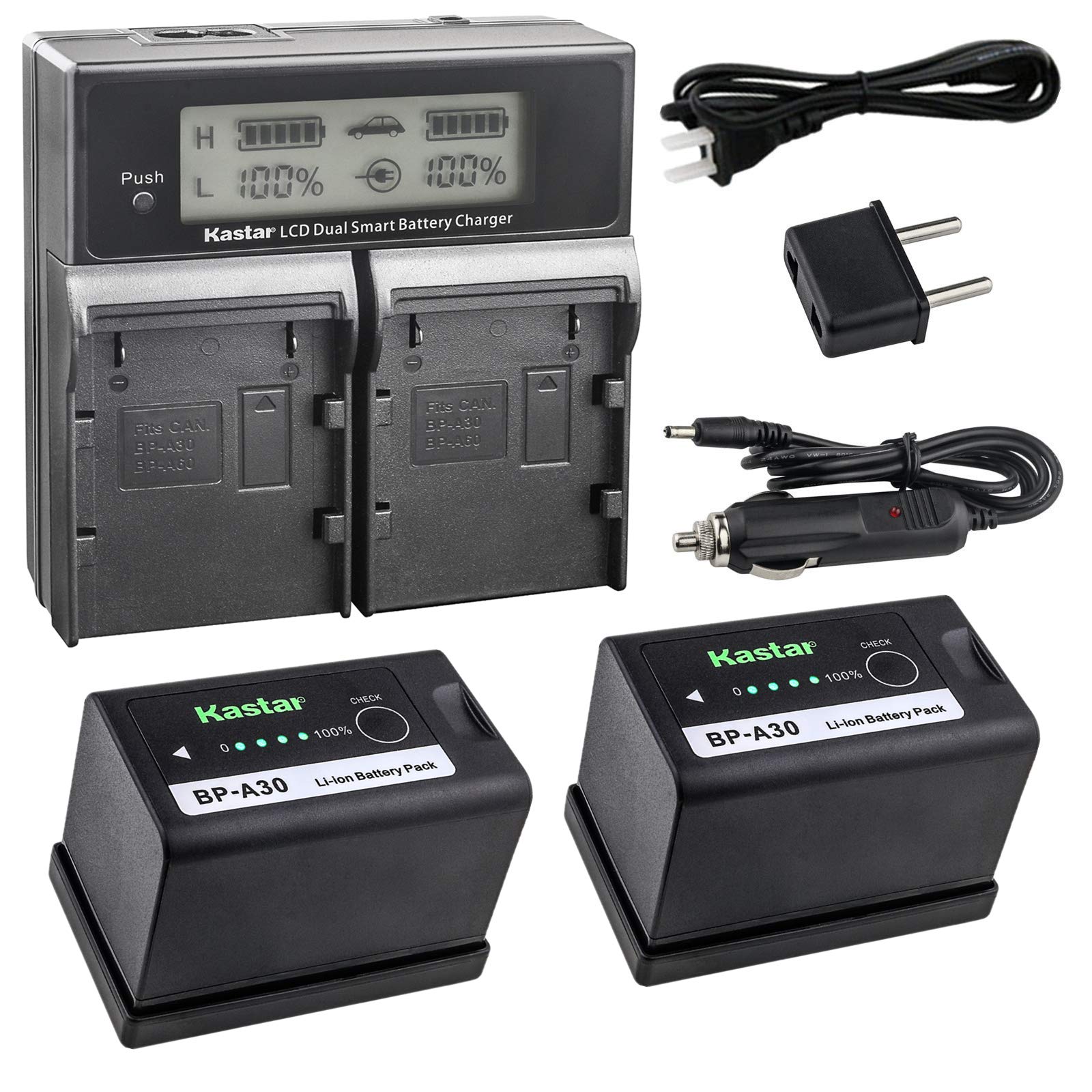 Kastar 2-Pack BP-A30 Fully Decoded Replacement Battery & LCD Fast Charger for Canon BP-A60 BP-A90 - Compatible with Canon EOS C200, C300 Mark II/III, C500 Mark II, XF705 4K UHD Cameras - Perfect for Professional Videography & Photography