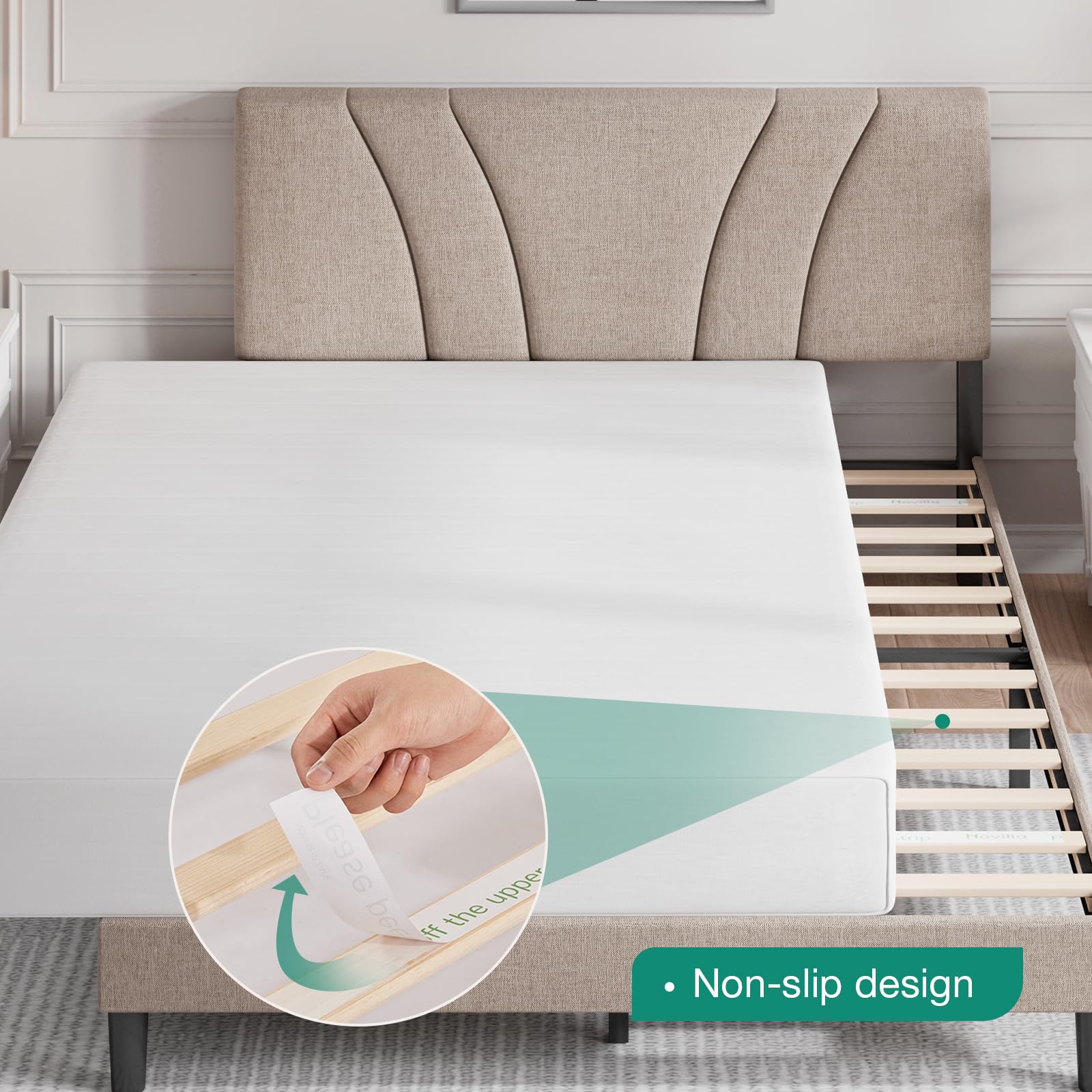Novilla Queen Size Bed Frame with Upholstered Headboard - Wood Slat Support, No Box Spring Needed, Heavy Duty Metal Feet, Easy Assembly, Beige Fabric - Perfect for Master Bedroom, Guest Room & Apartment