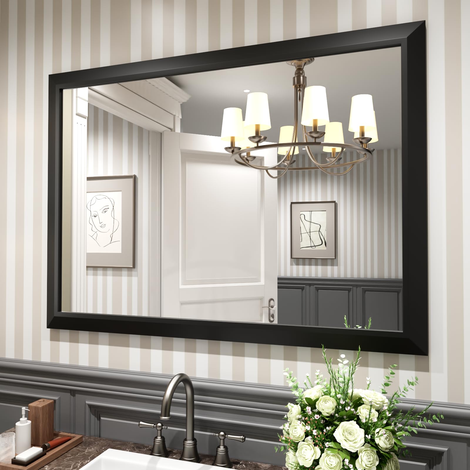Amorho 48x35 Inch Black Metal Framed Bathroom Mirror - Large Rectangle Wall Mounted Mirror for Over 2 Sinks, Bedroom, Living Room, Entryway - Perfect for Vanity, Makeup Area & Home Decor