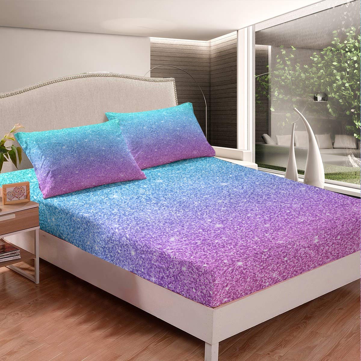 Feelyou Glitter Fitted Sheet - Queen Size Mermaid Bedding Set for Girls (Pink & Teal Pastel) Includes 1 Fitted Sheet & 2 Pillowcases - Perfect for Kids Room, Teen Bedroom & Fantasy Themed Decor