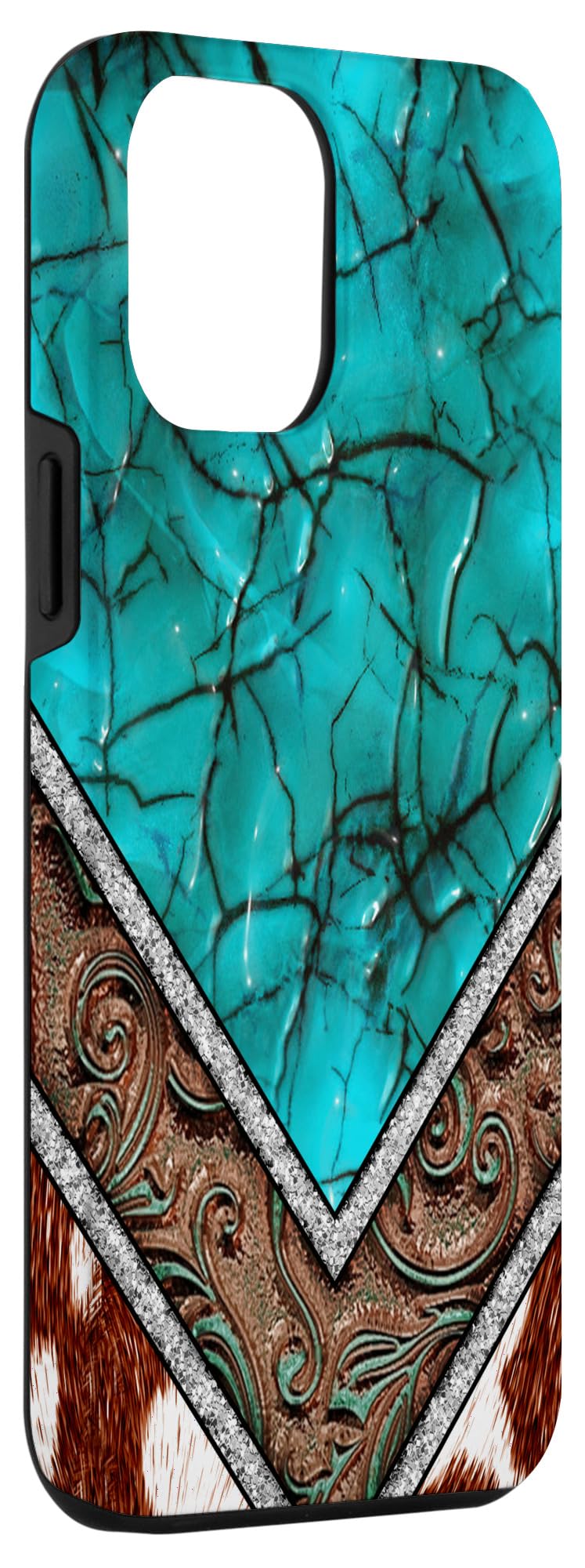 Premium iPhone 12 Pro Max Case - Genuine Western Cowhide with Turquoise & Brown Animal Print Design | Durable Protection for Work, Travel & Outdoor Adventures