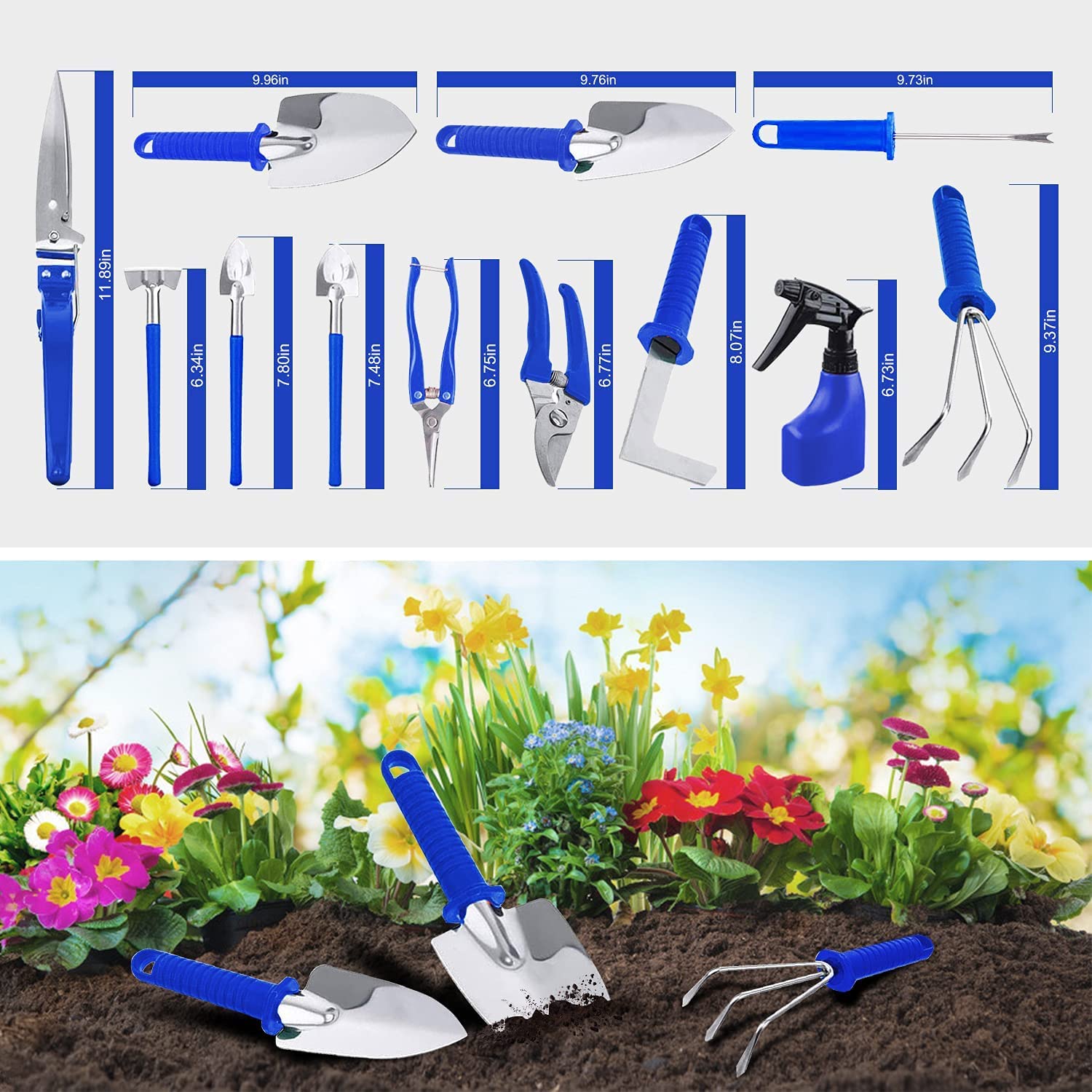 14-Piece Stainless Steel Garden Tools Set with Ergonomic Handles - Trowel, Rake, Weeder, Pruner, Shears & Sprayer - Perfect Gardening Gifts for Women & Men - Includes Durable Carrying Case (Blue) - Ideal for Home Gardening, Landscaping & Outdoor Planting Projects