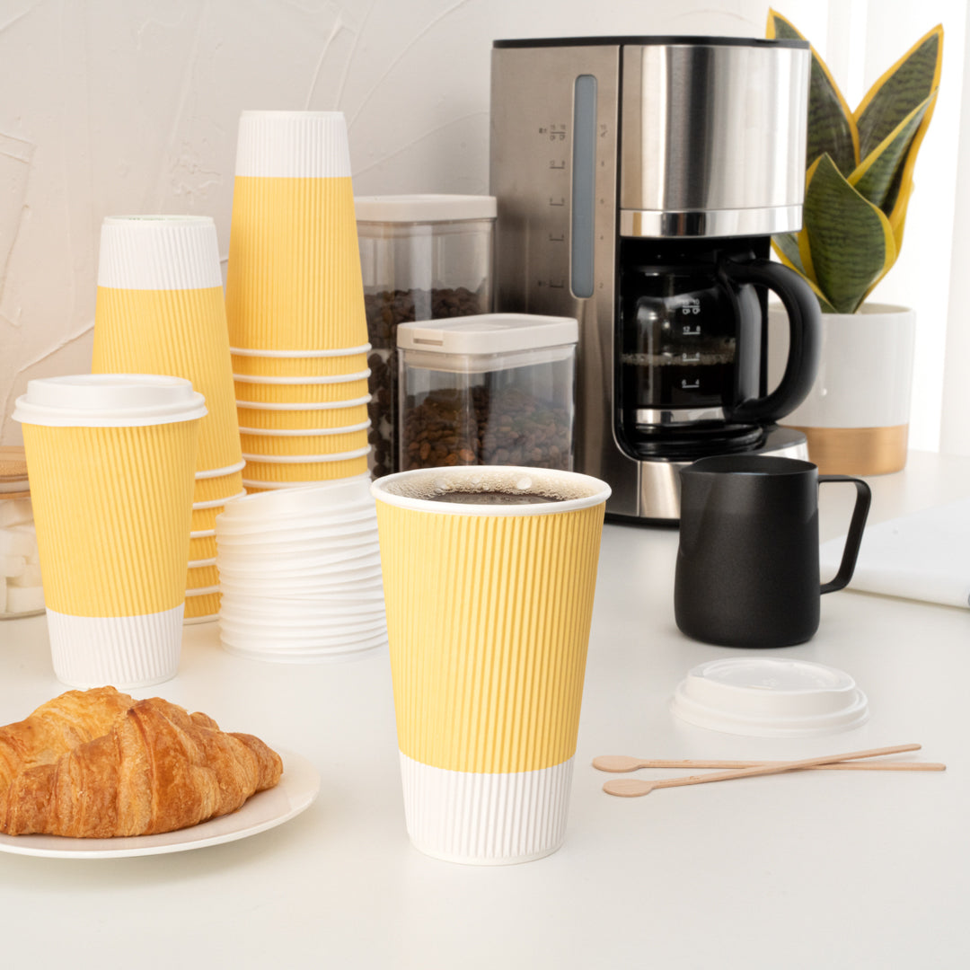 16 oz Light Yellow Paper Coffee Cups with Ripple Wall - 3.5