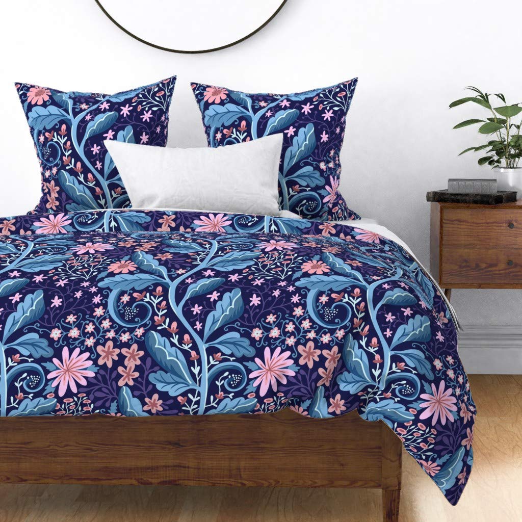 Floral Pink Blue Flowers Nature Art Nouveau Vines Cotton Sateen Duvet Cover - King/California King Size, Feminine Modern Blush Print Custom Bedding for Master Bedroom & Guest Room Decor