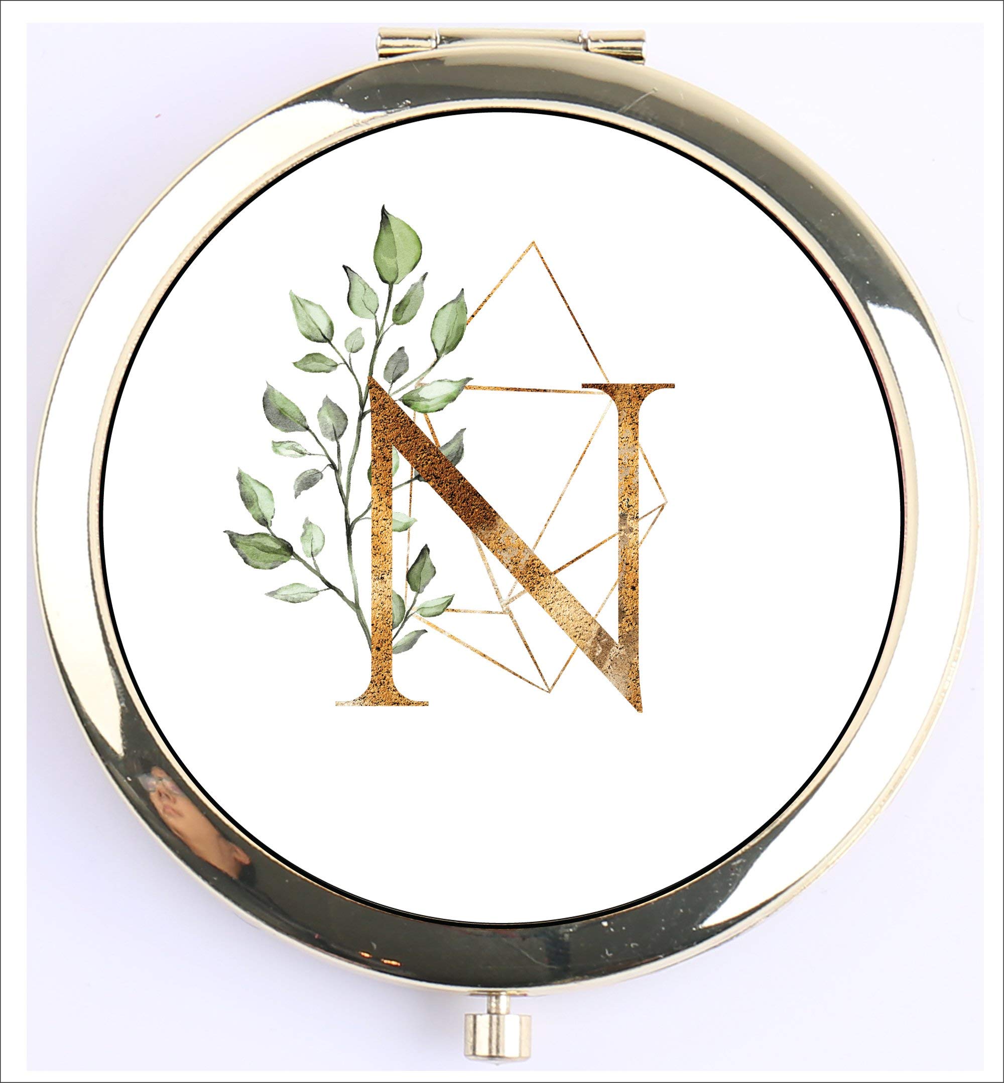 Personalized Monogram Compact Mirror - Gold Pocket Mirror with Initial (Letter N) - Perfect Bridesmaid Gift, Bachelorette Party Favors & Travel Makeup Essential
