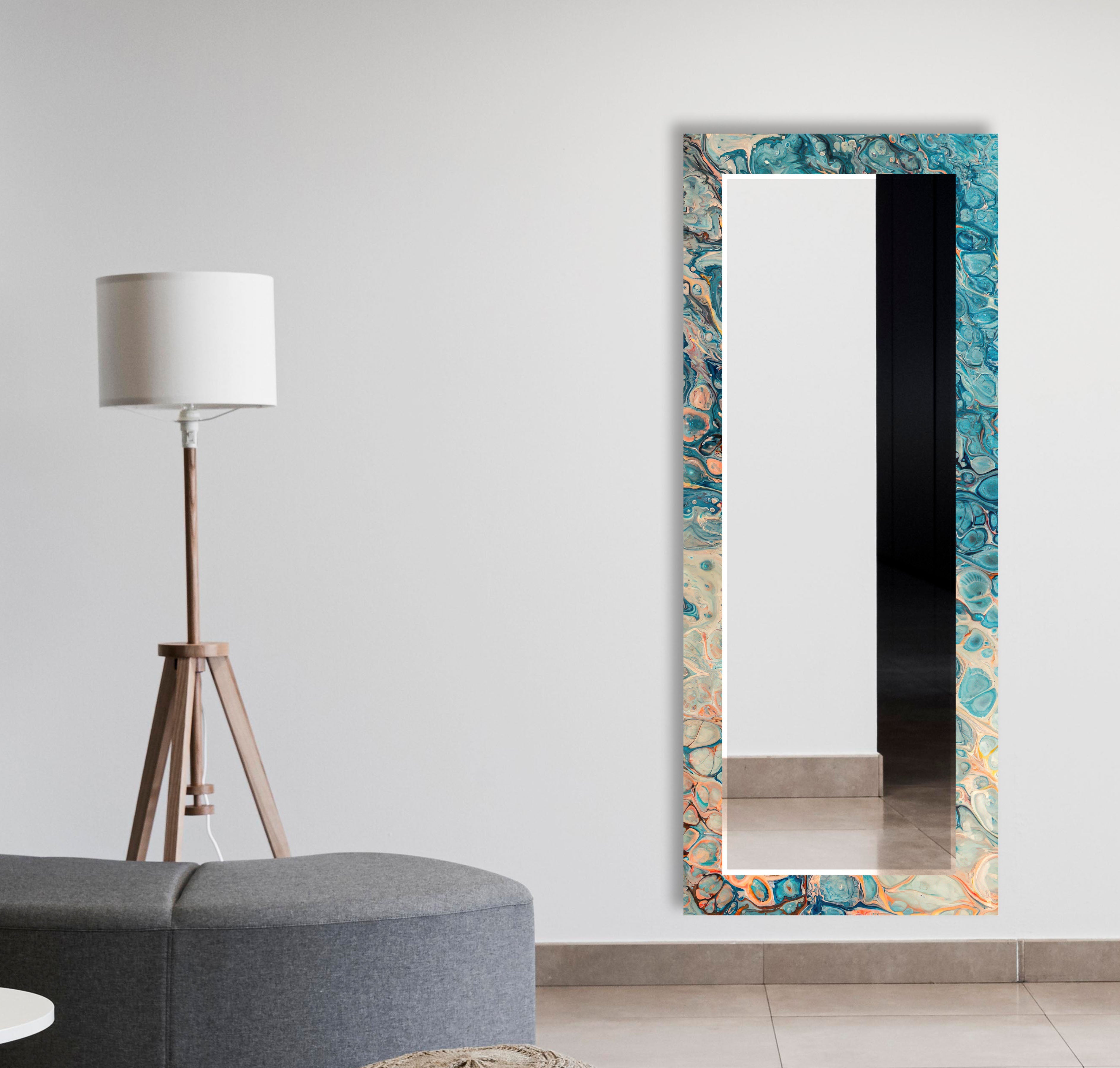 Blue & Beige Abstract Wall Mirror - Modern Decorative Round Mirror for Living Room, Bedroom, Entryway - Boho Home Decor Accent Piece for Wall Hanging