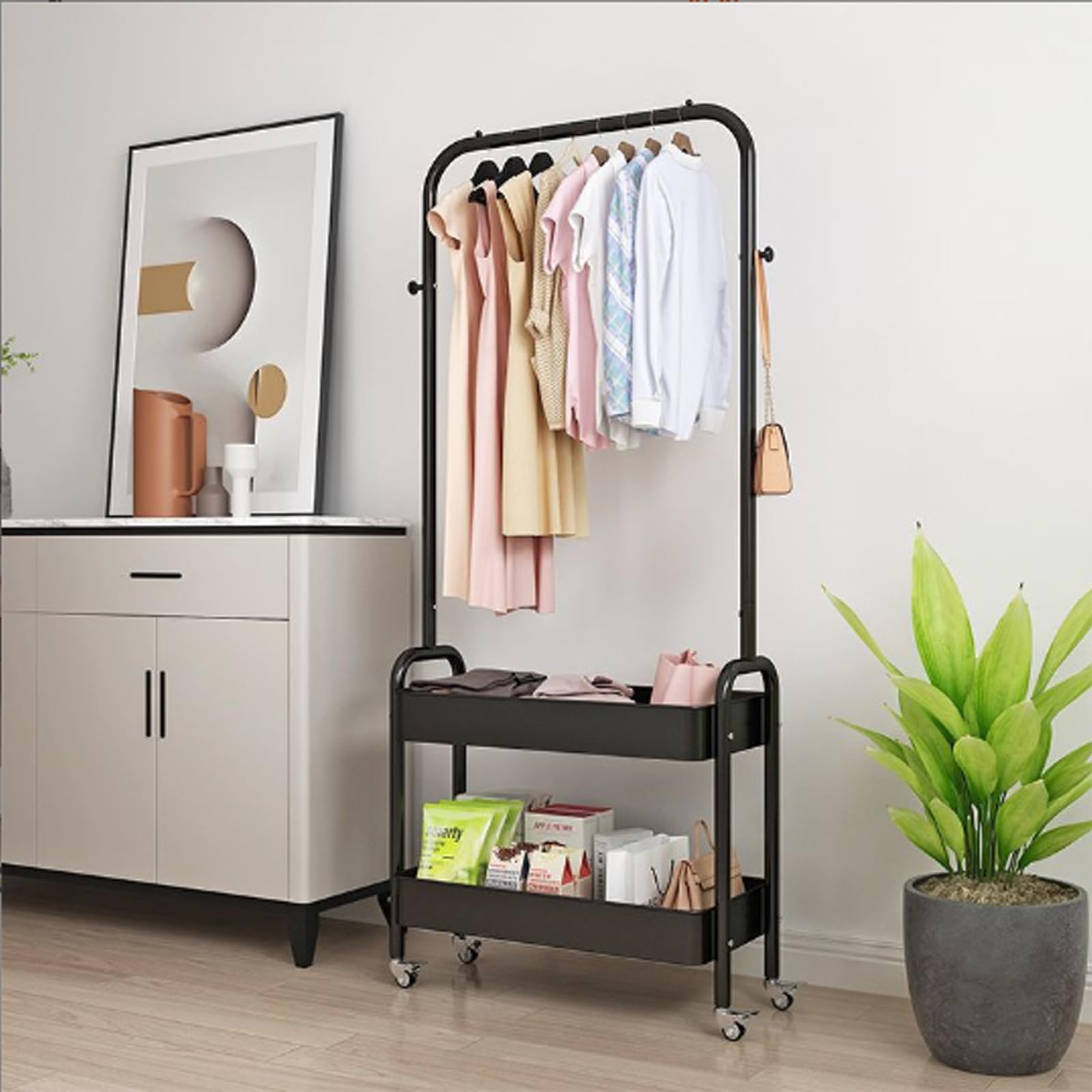Modern 2-Tier Metal Garment Rack with Wheels - Heavy Duty Clothing Stand for Home, Wedding & Retail Stores - Black Dress Display Hanger with Storage Basket - Perfect for Bedroom Closet, Boutique Shop & Event Venues
