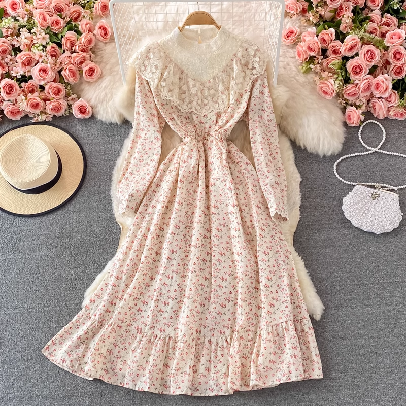 Elegant Autumn Stand Collar Lace Floral Dress - Sweet Princess Style Formal Dress for Women | Perfect for Weddings, Parties & Special Occasions