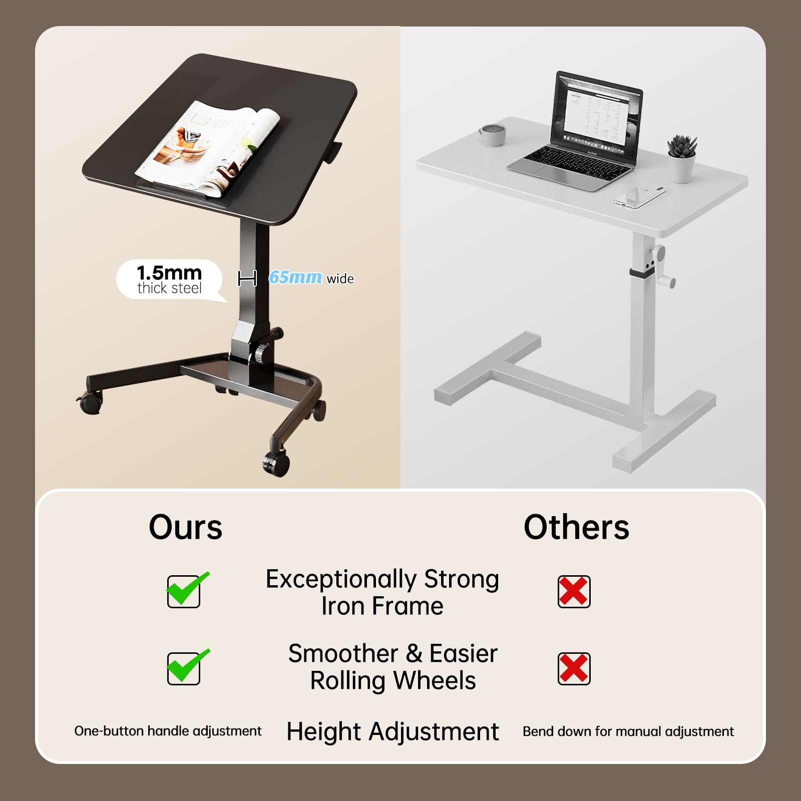 Adjustable Height Foldable Standing Desk with Wheels - Portable Sit Stand Workstation for Home Office, 90° Tiltable Laptop Desk, Ergonomic Mobile Desk for Small Spaces (Ideal for Remote Work, Study & Gaming)